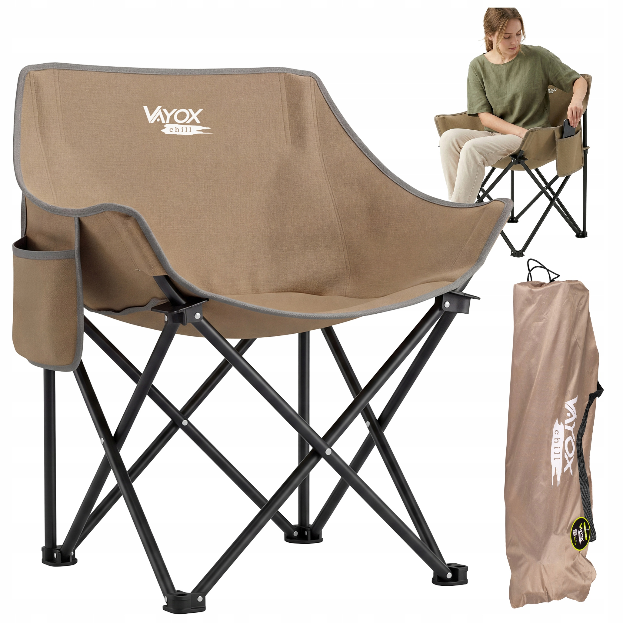 Brązowe krzesło kempingowe z szarym wykończeniem, bocznymi kieszeniami i czarną ramą.