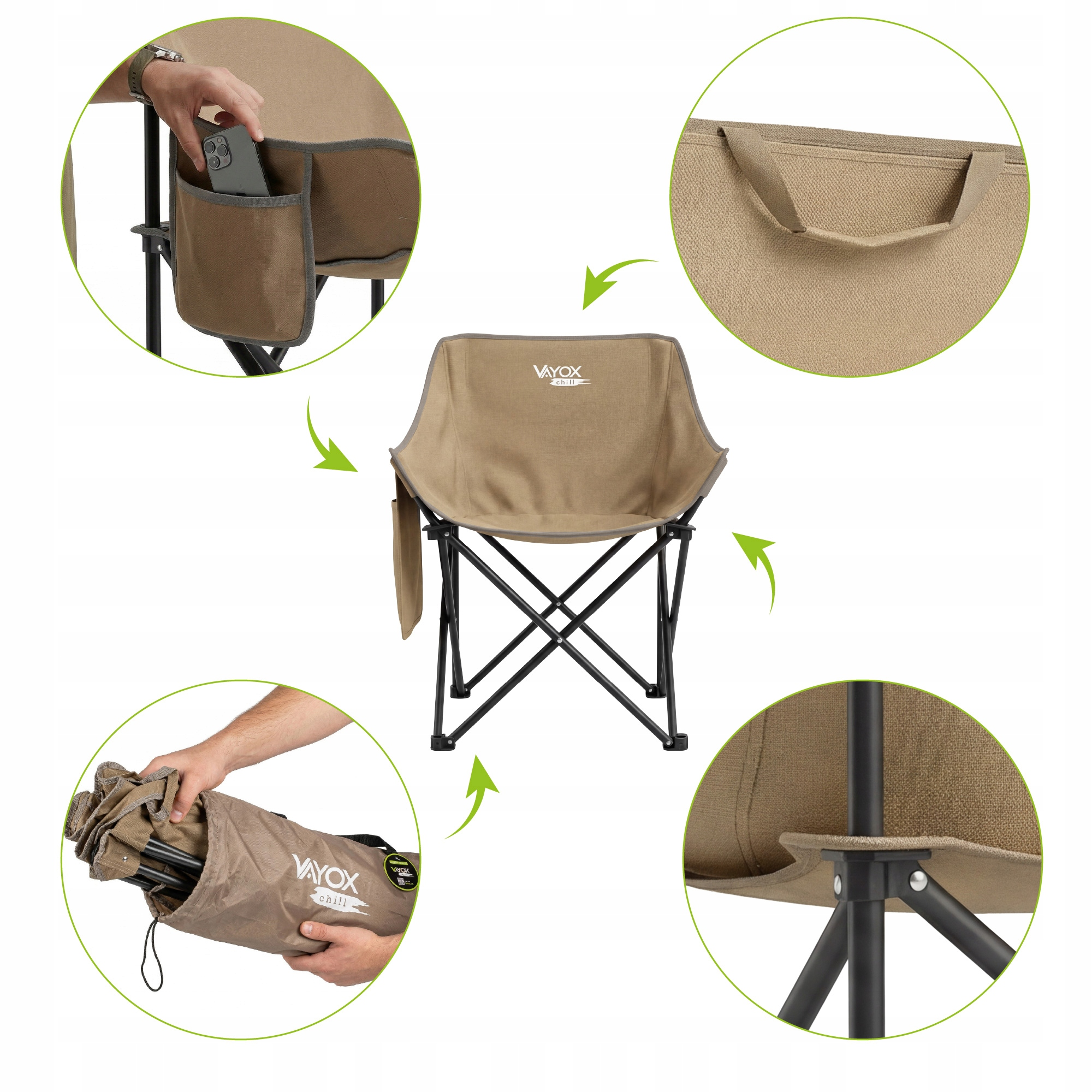 Brązowe krzesło kempingowe z kieszeniami. Wkładanie telefonu do kieszeni.