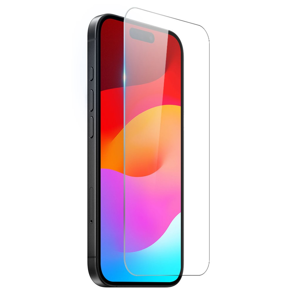 Uno smartphone nero con una protezione per lo schermo parzialmente posizionata sullo schermo.