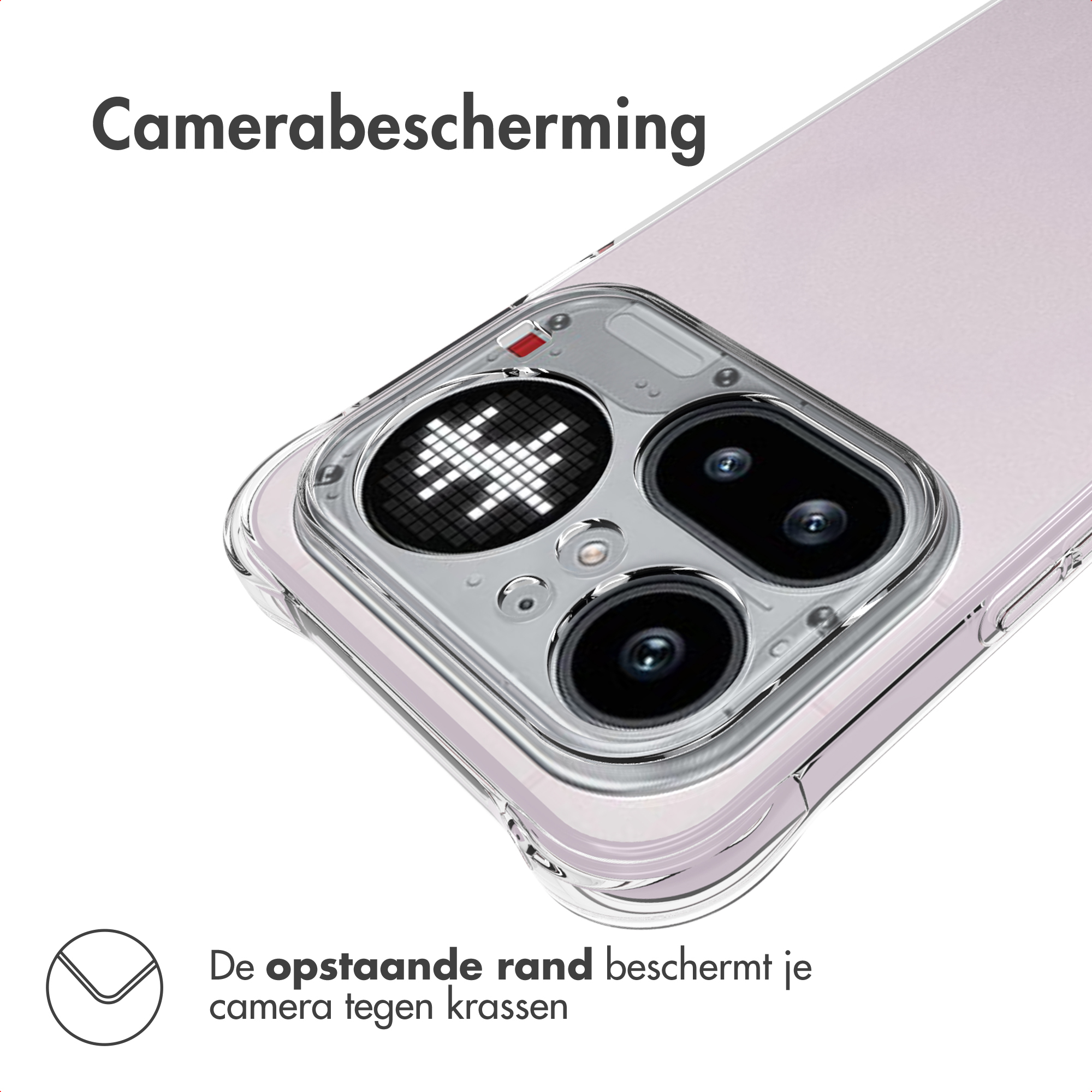 Gros plan d'une caméra de téléphone avec étui transparent et texte en néerlandais.