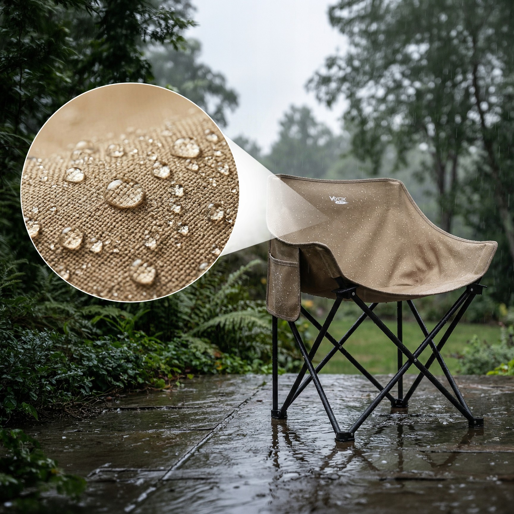 Beżowe krzesło kempingowe na mokrej ścieżce podczas deszczu. Zbliżenie pokazuje kropelki wody na tkaninie.