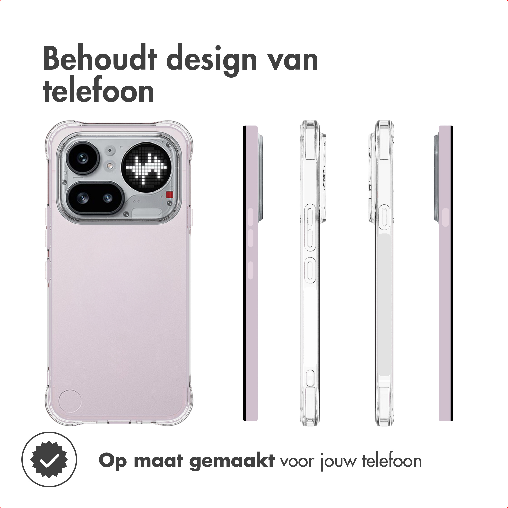 Une coque légèrement teintée vue de dos et de côté, avec un sceau vérifié.
