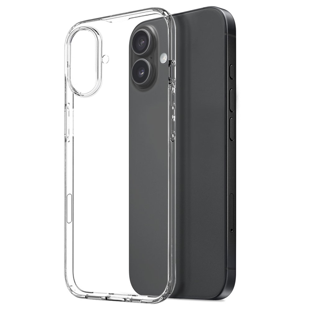 Una custodia trasparente accanto a uno smartphone scuro con due fotocamere.