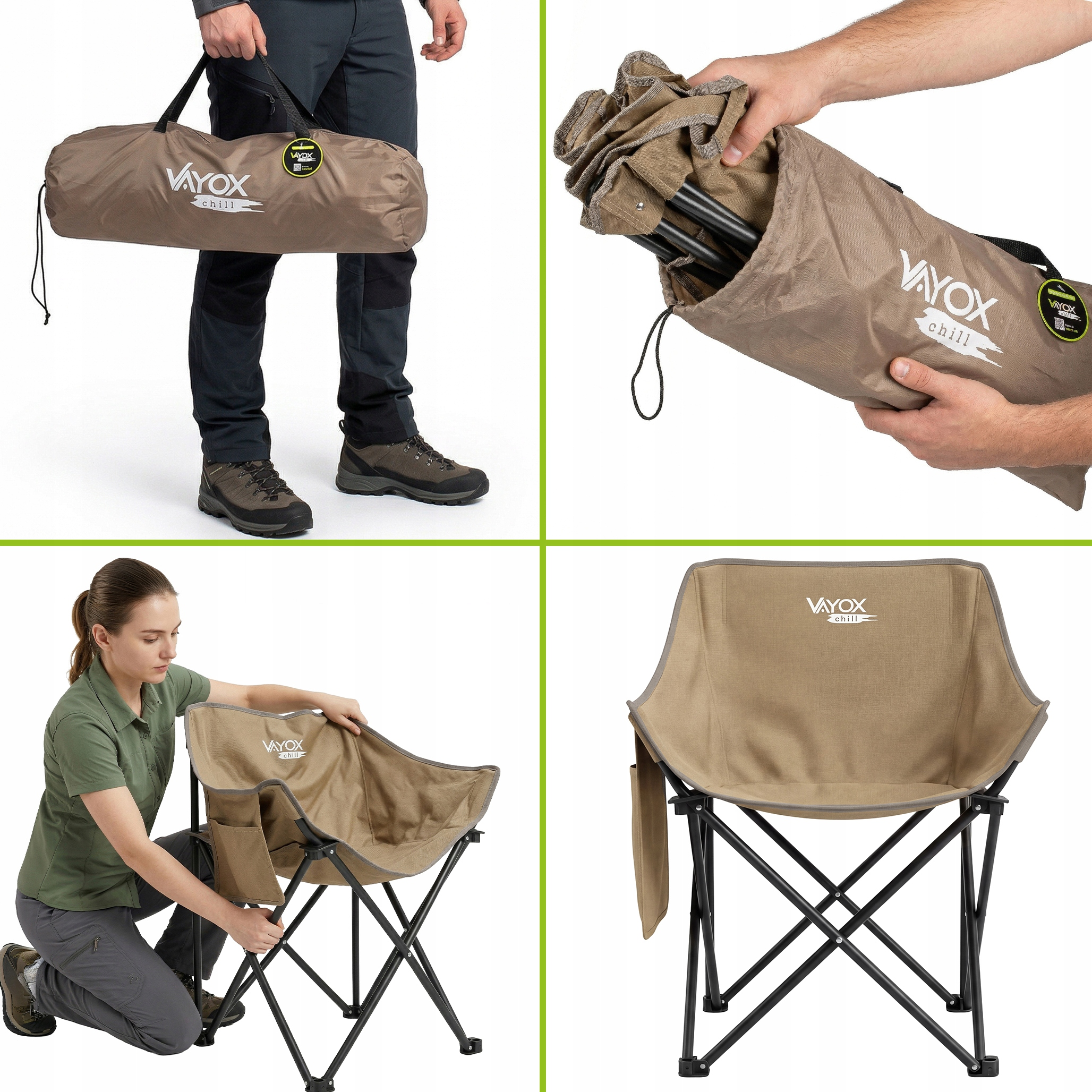 Mężczyzna niesie brązową torbę z krzesłem. Kobieta rozkłada krzesło.