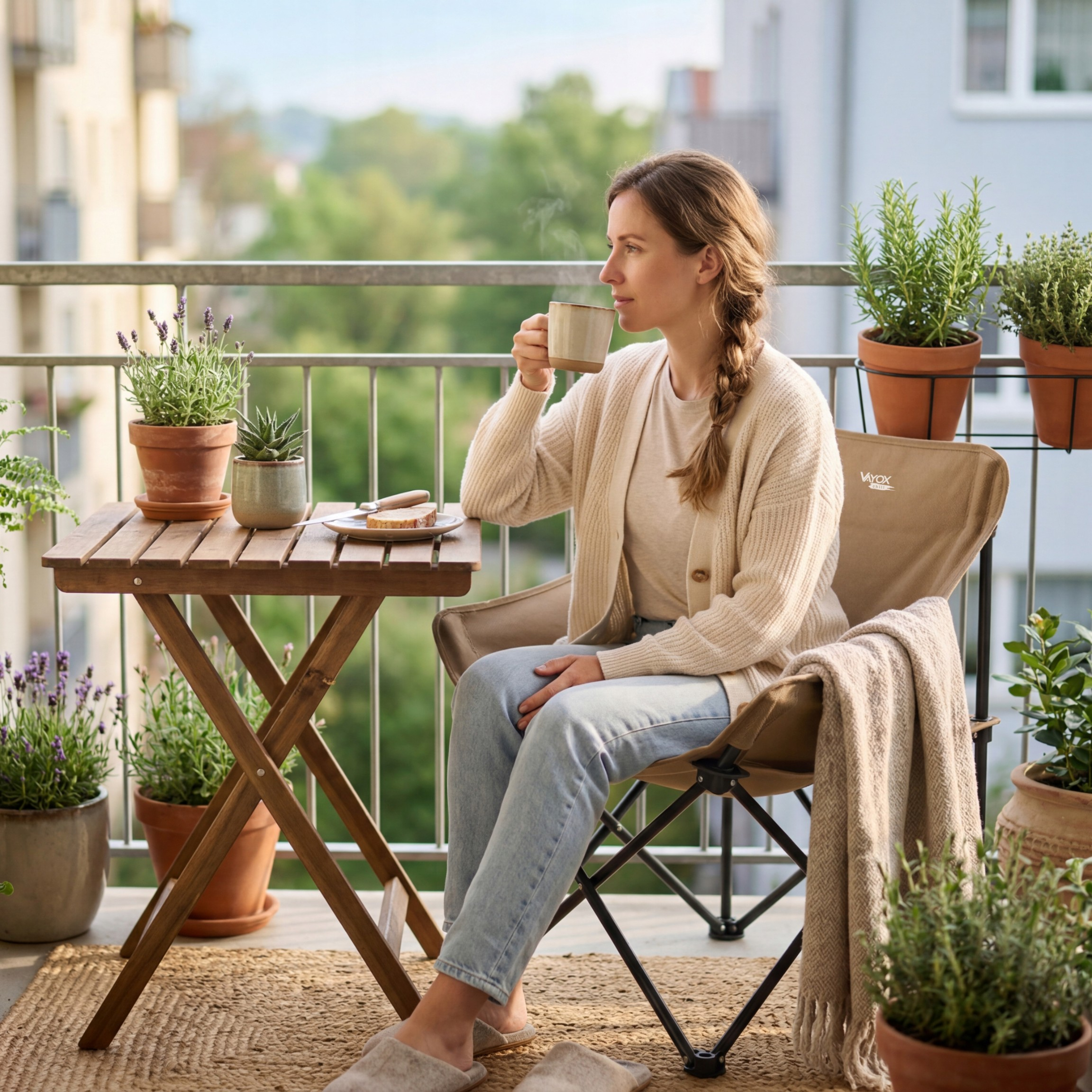 Kobieta pije kawę na balkonie z roślinami i stołem.