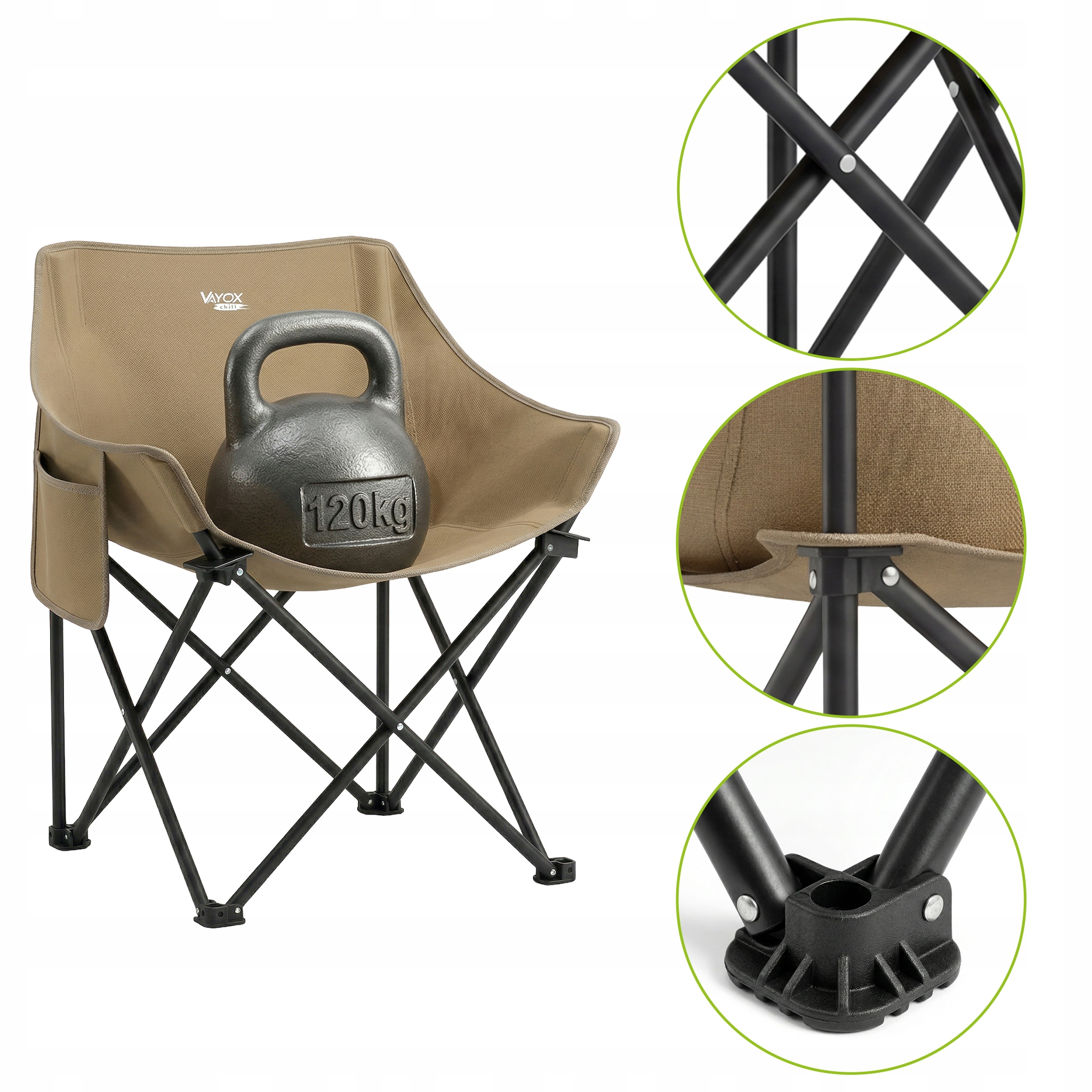 Beżowe krzesło kempingowe z kettlebell o wadze 120 kg.