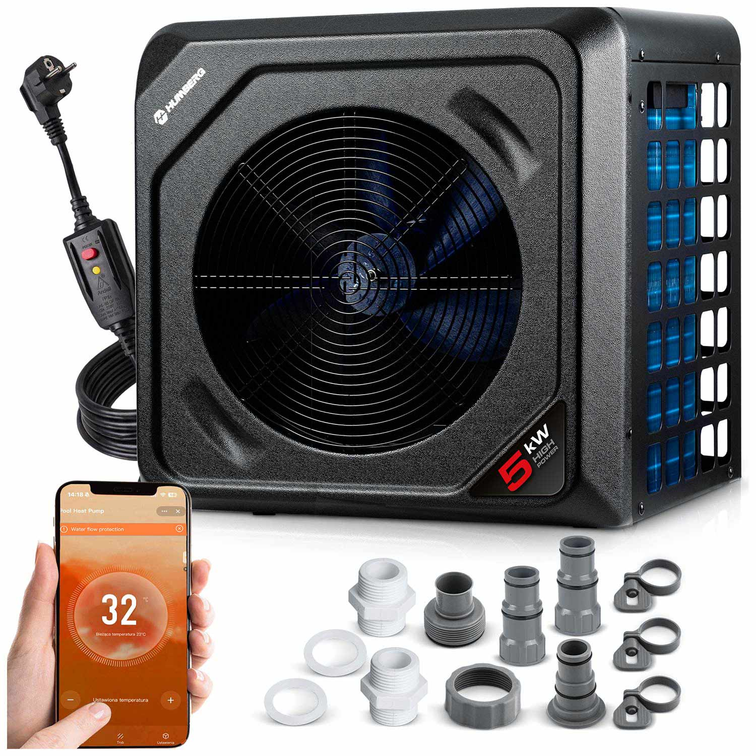 Czarna pompa ciepła do basenu z niebieskim wentylatorem, obok smartfona z aplikacją.