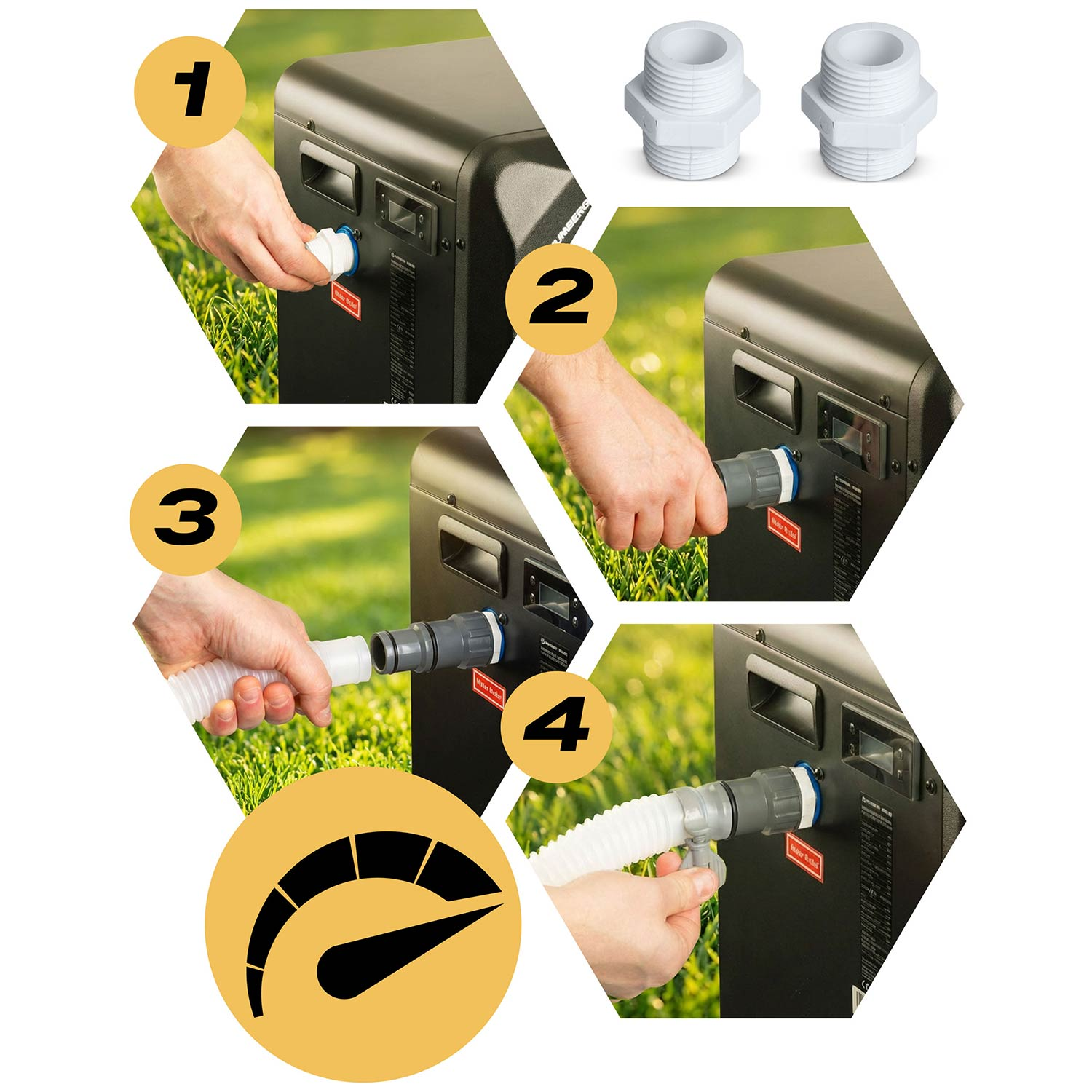 Instrukcja: Podłączanie węża do urządzenia. Pokazano cztery kroki.