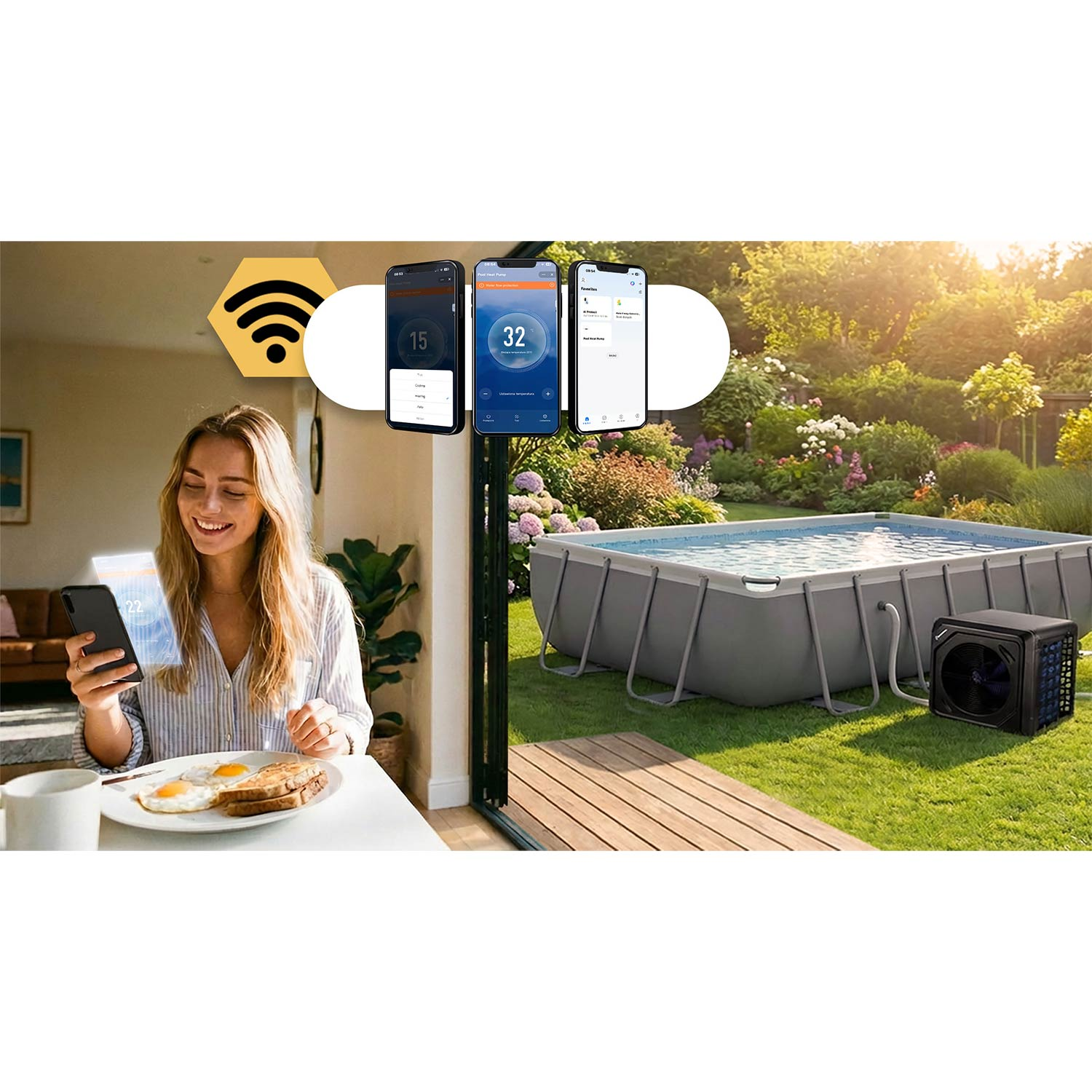 Kobieta je śniadanie, używając smartfona, obok basenu z pompą ciepła.