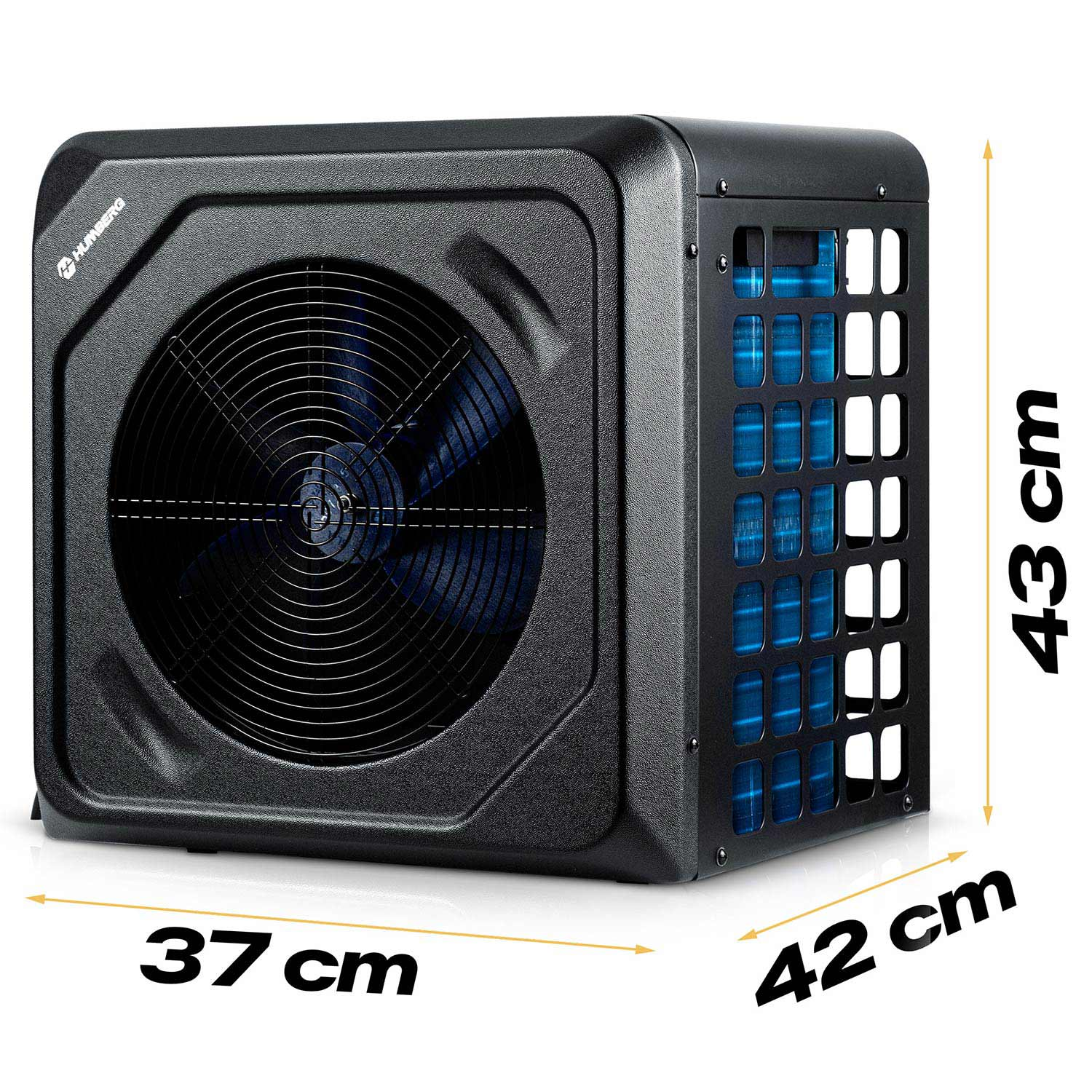 Czarna jednostka wentylatora z niebieskimi żeberkami, wymiary 37x42x43 cm.