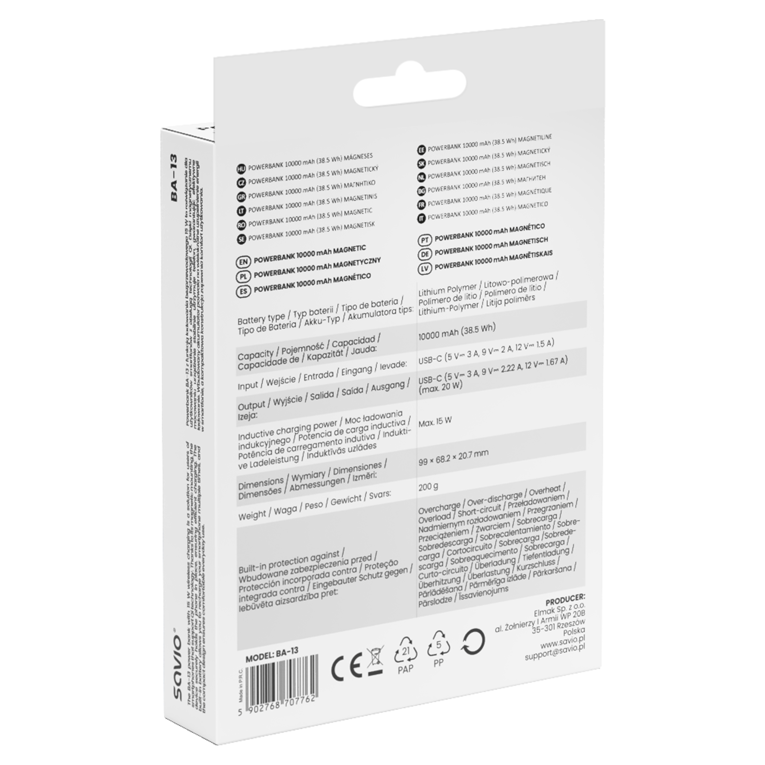 Opakowanie powerbanku Savio BA-13 ze specyfikacją i logotypami.