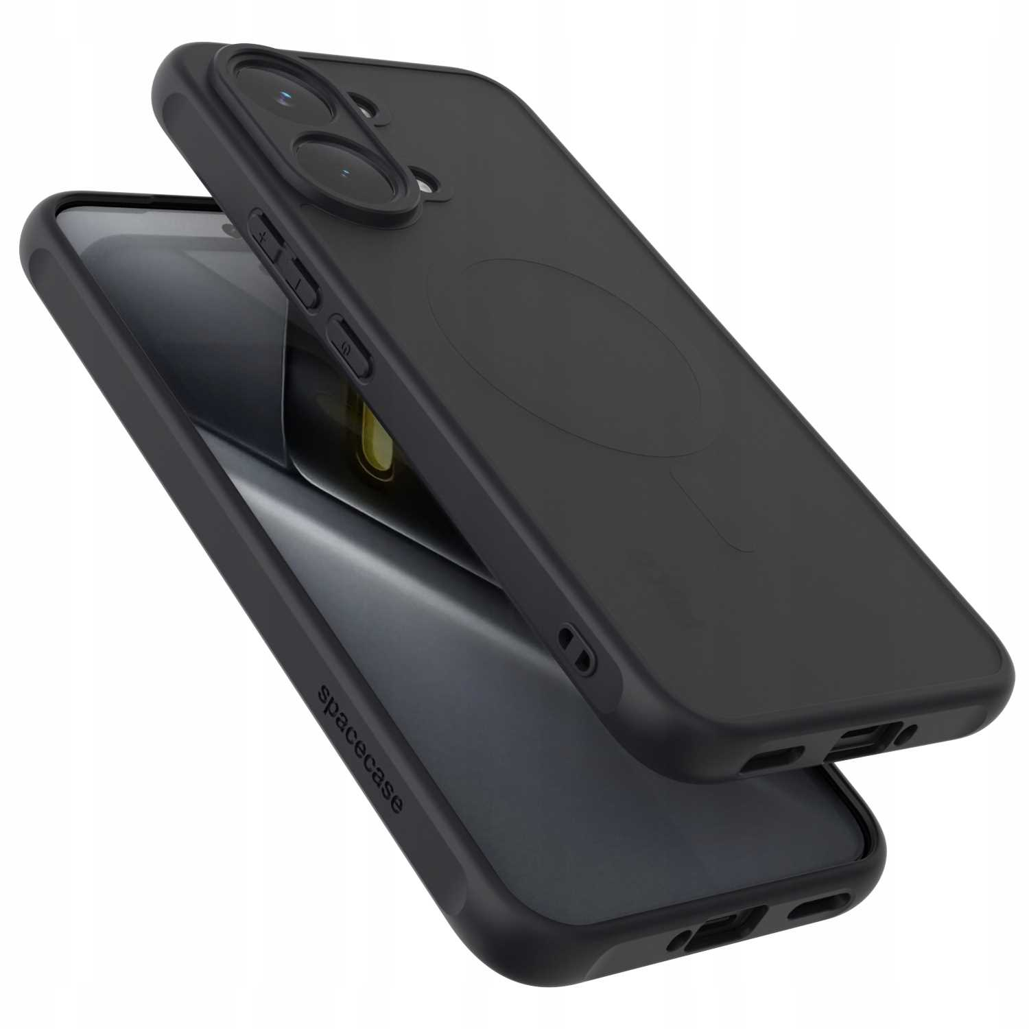 Dwa czarne etui na telefon ułożone jedno na drugim, jedno na ekranie.