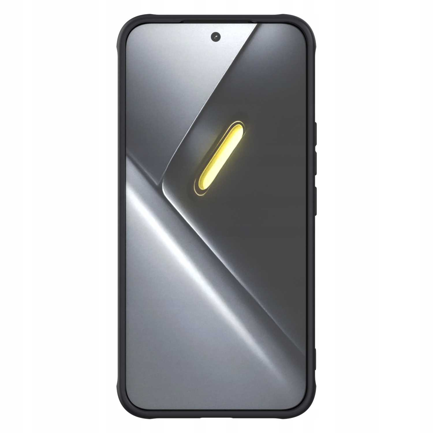 Czarny smartfon z abstrakcyjnym szaro-żółtym tłem.
