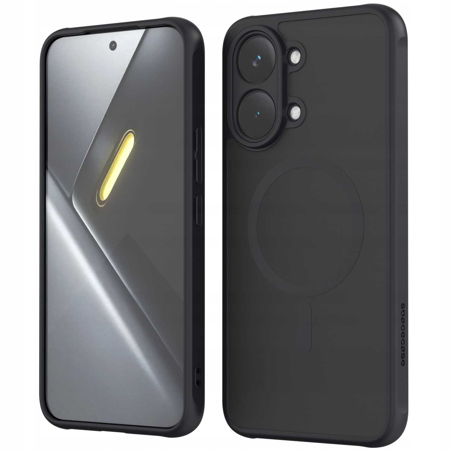 Czarny telefon z aparatem i pierścieniem magnetycznym z tyłu, ekranem z przodu.
