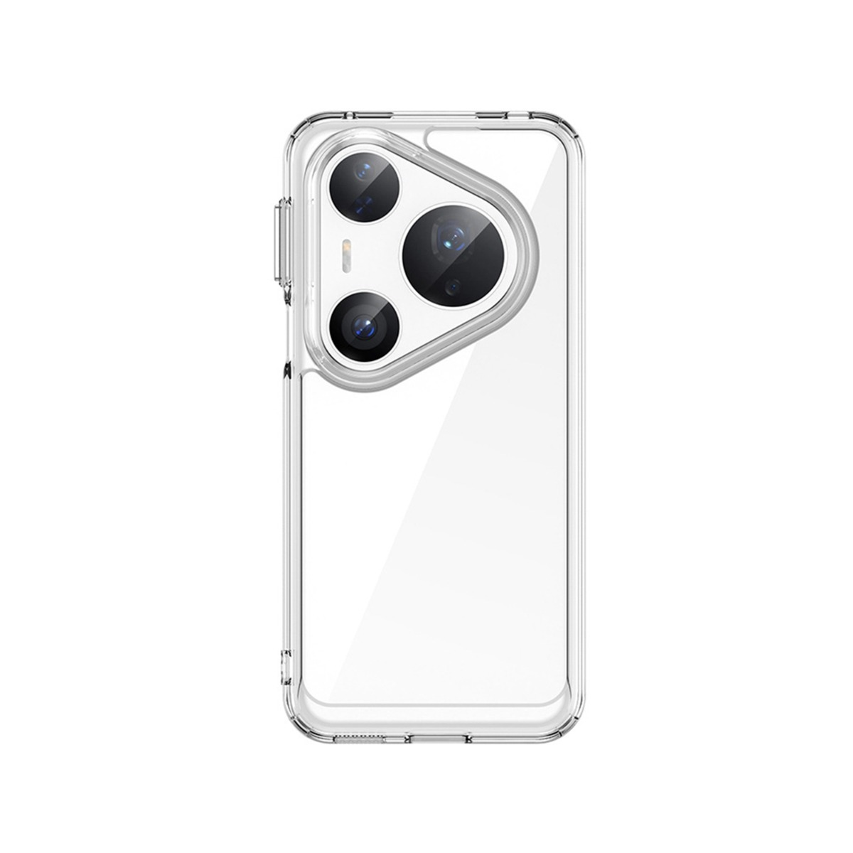 Doorzichtige telefoonhoes met drievoudige cameralens linksboven.