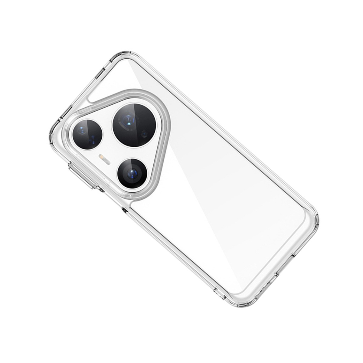 Doorzichtige telefoonhoes met drievoudige camera-uitsparing op witte achtergrond.