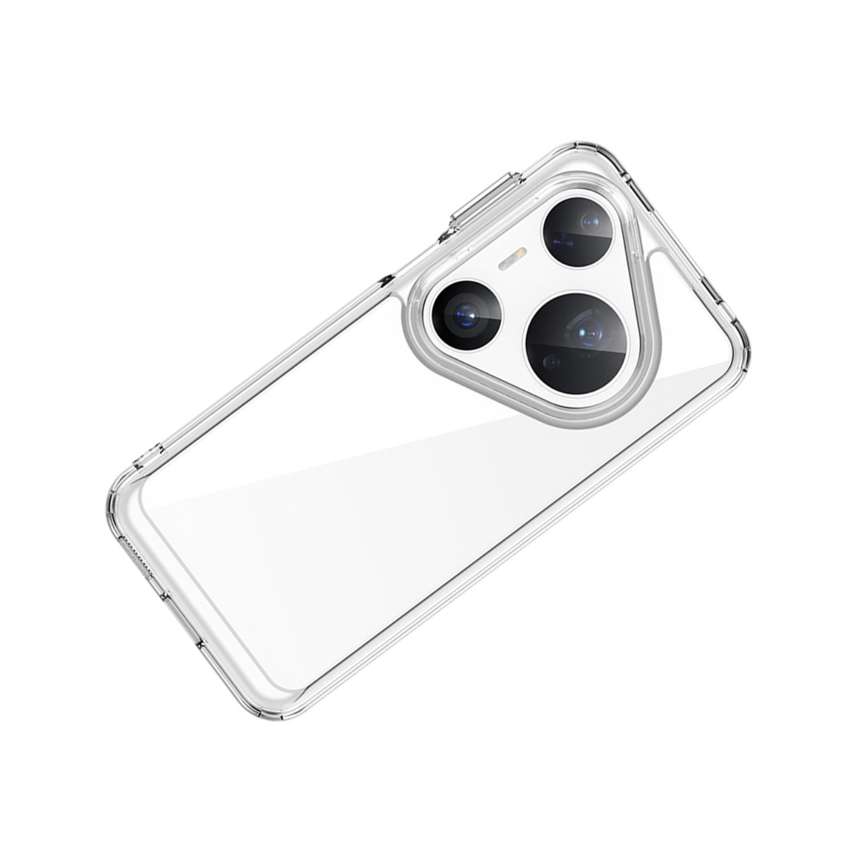 Doorzichtige telefoonhoes met drie cameralenzen aan de achterkant.