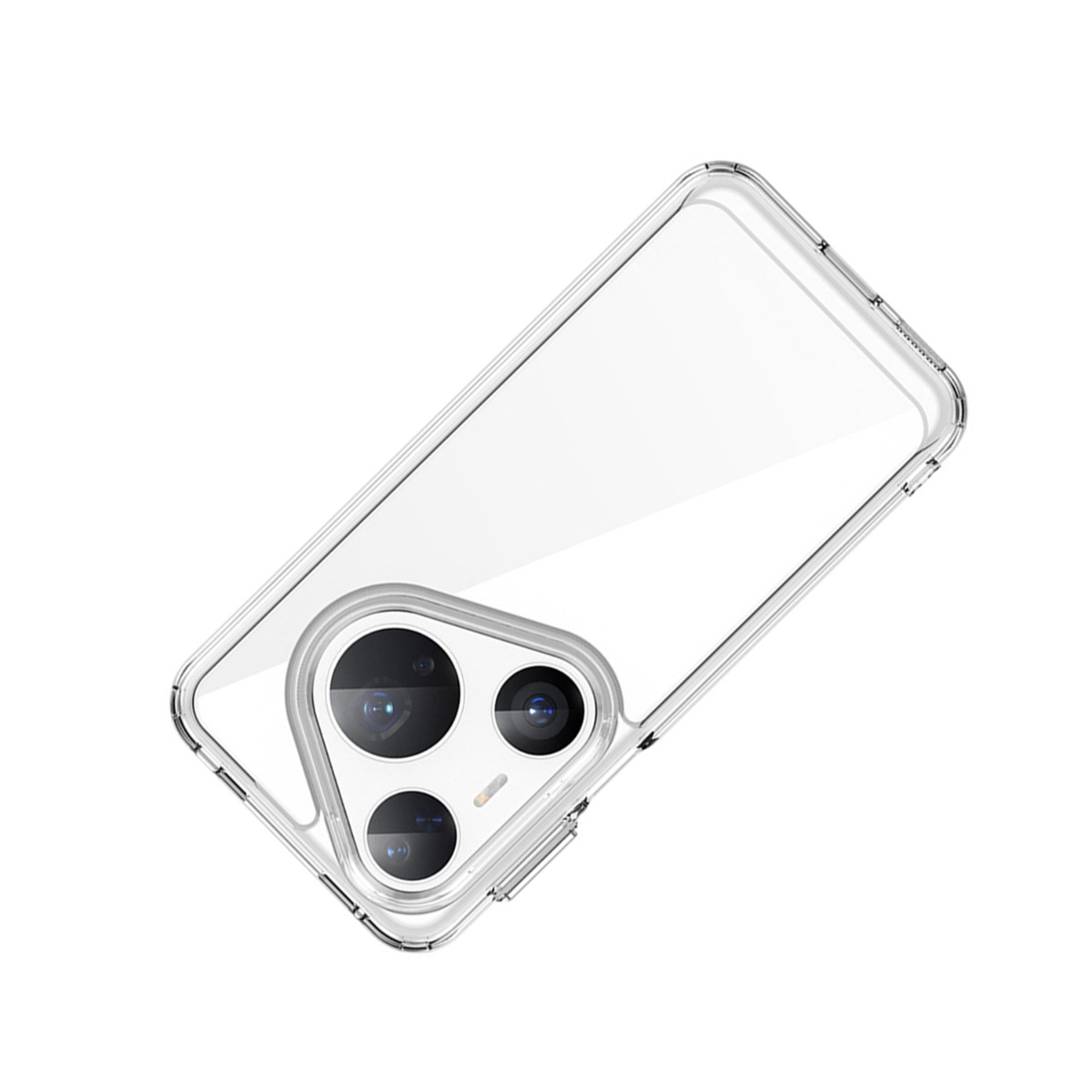 Doorzichtige telefoonhoes met drievoudige camera-uitsparing op witte achtergrond.