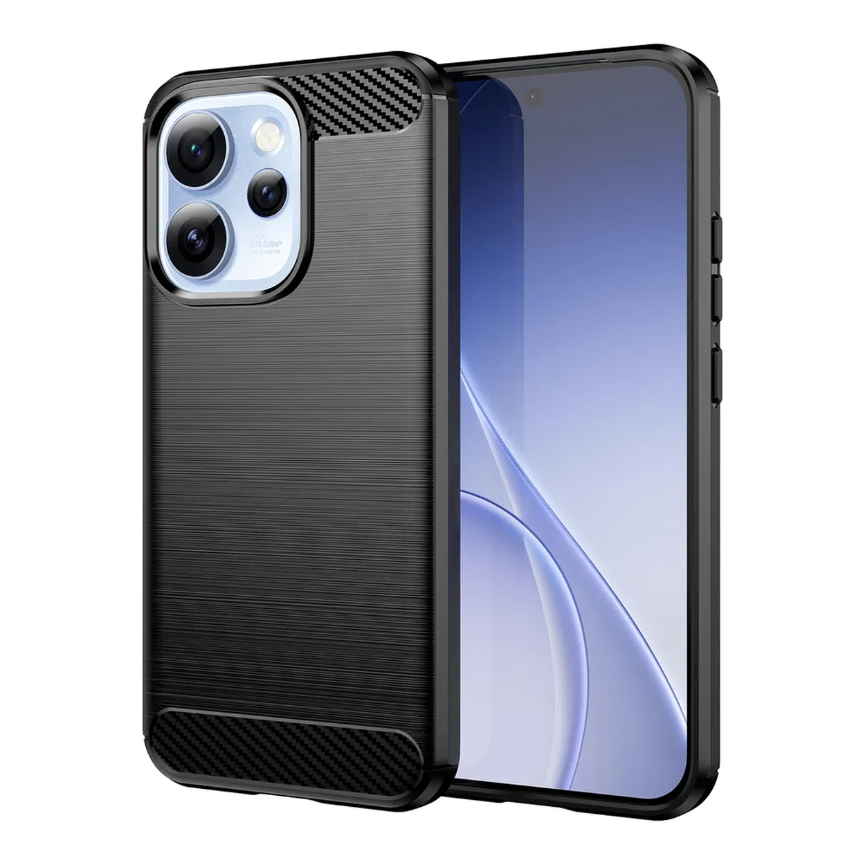 Zwarte smartphone met drievoudige camera en getextureerde hoes.