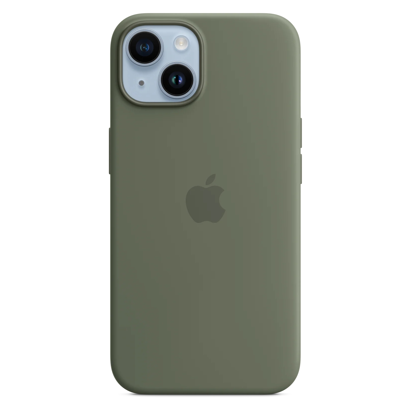 Une coque iPhone vert foncé avec logo Apple et découpe caméra.
