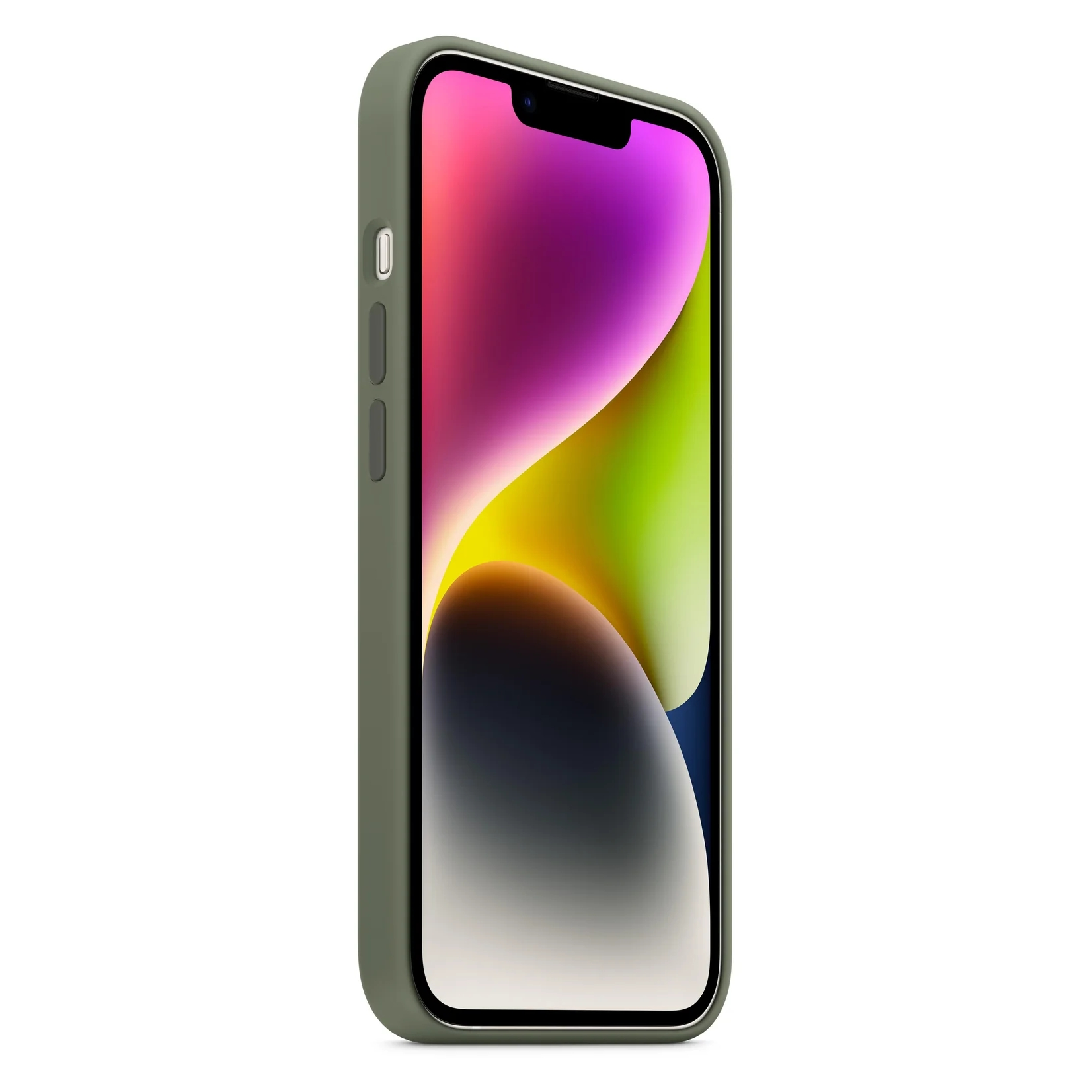 Un téléphone vert dans un étui avec un fond d'écran coloré sur l'écran.