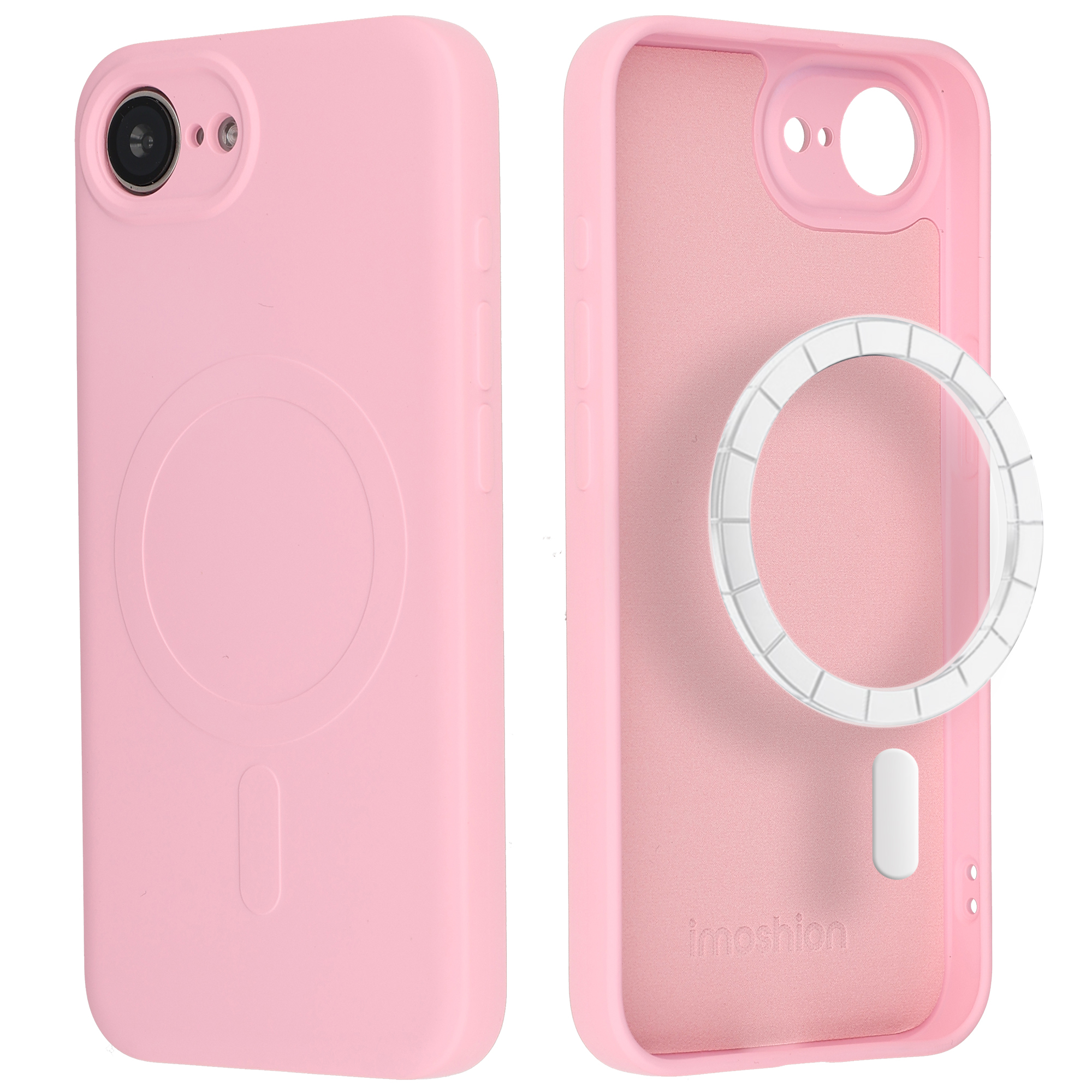 Een roze iPhone hoesje, voor- en achterkant, met MagSafe ring.