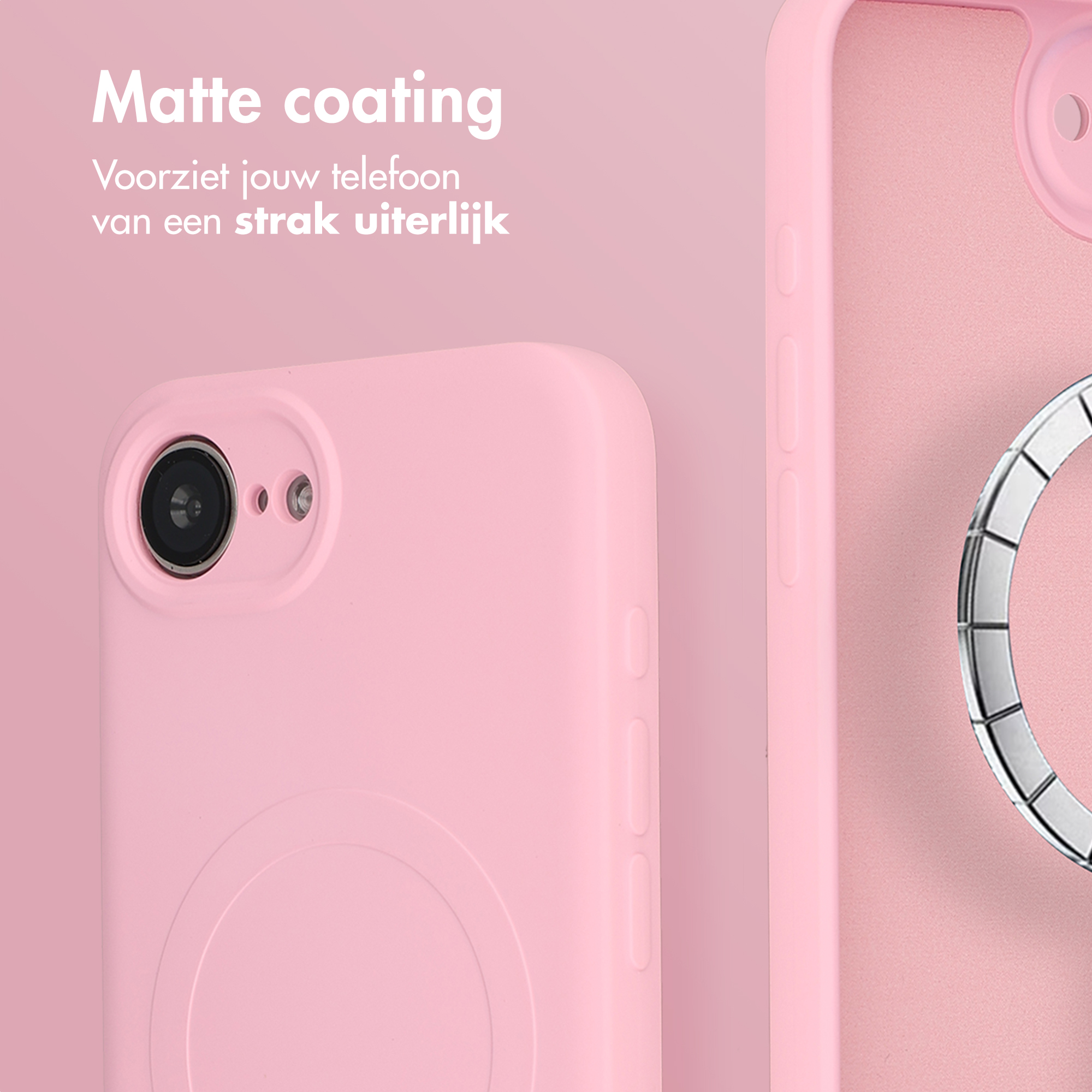 Roze telefoonhoes met cameragat en ringhouder. Matte afwerking.