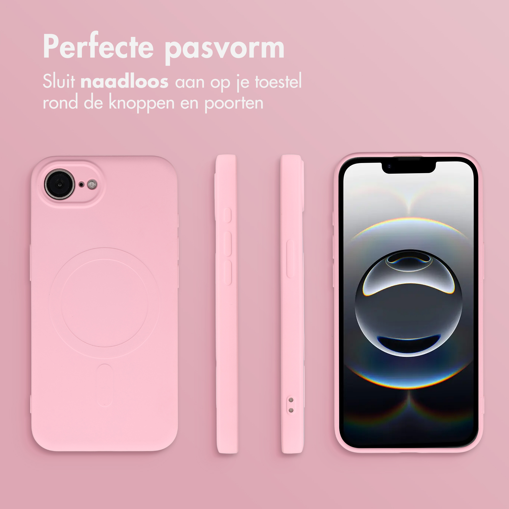 Een roze telefoonhoesje wordt getoond met een telefoon met een abstracte achtergrond.