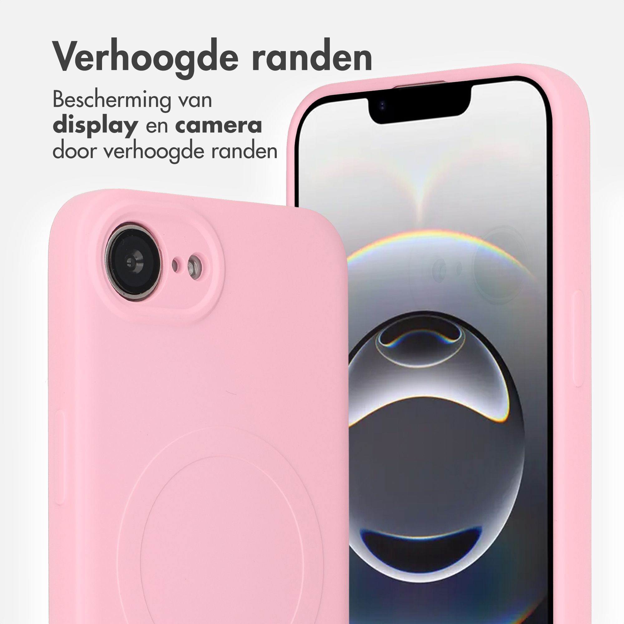Een roze telefoonhoes met verhoogde randen ter bescherming van display en camera.