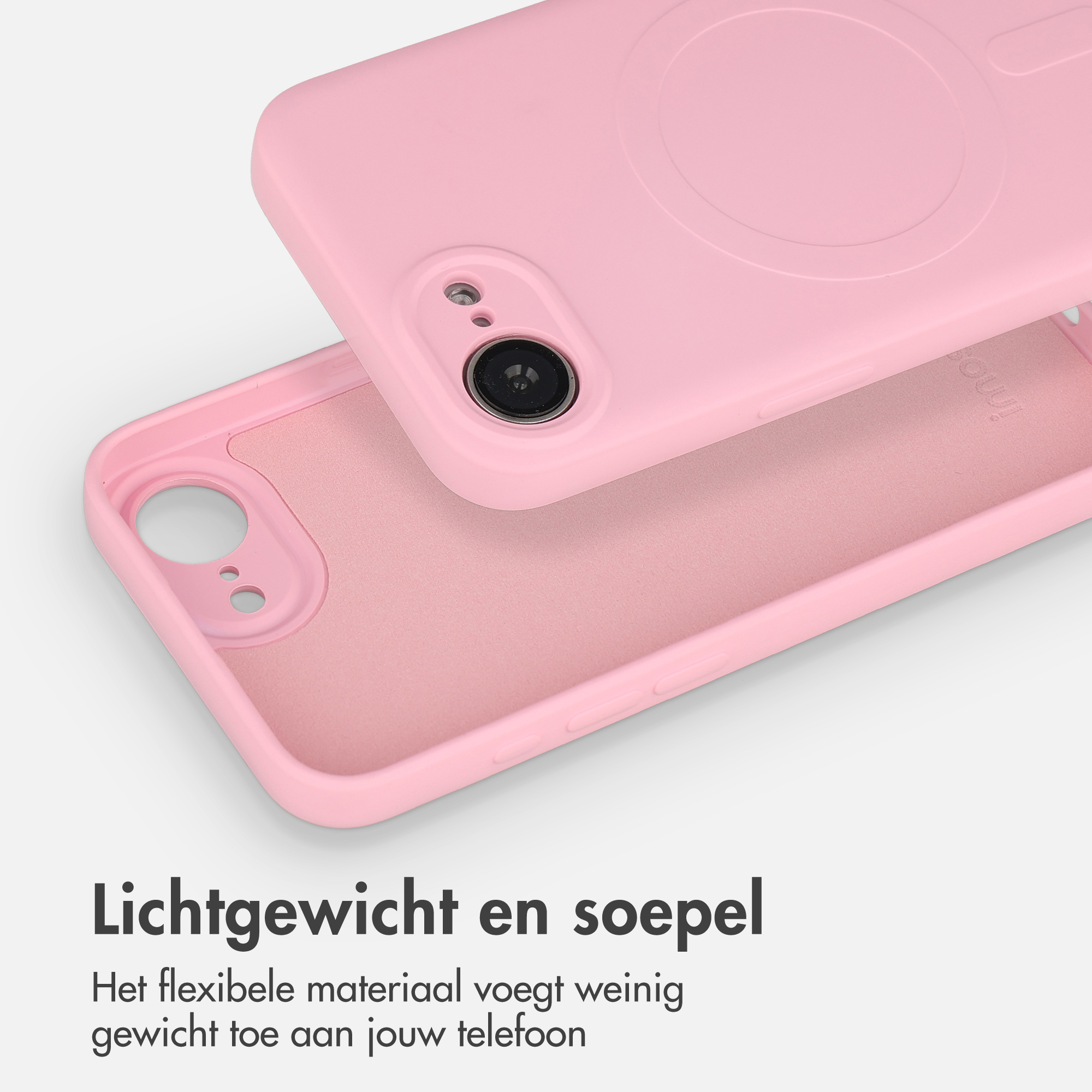 Twee roze telefoonhoesjes liggen op elkaar. Eén heeft een camera-opening.