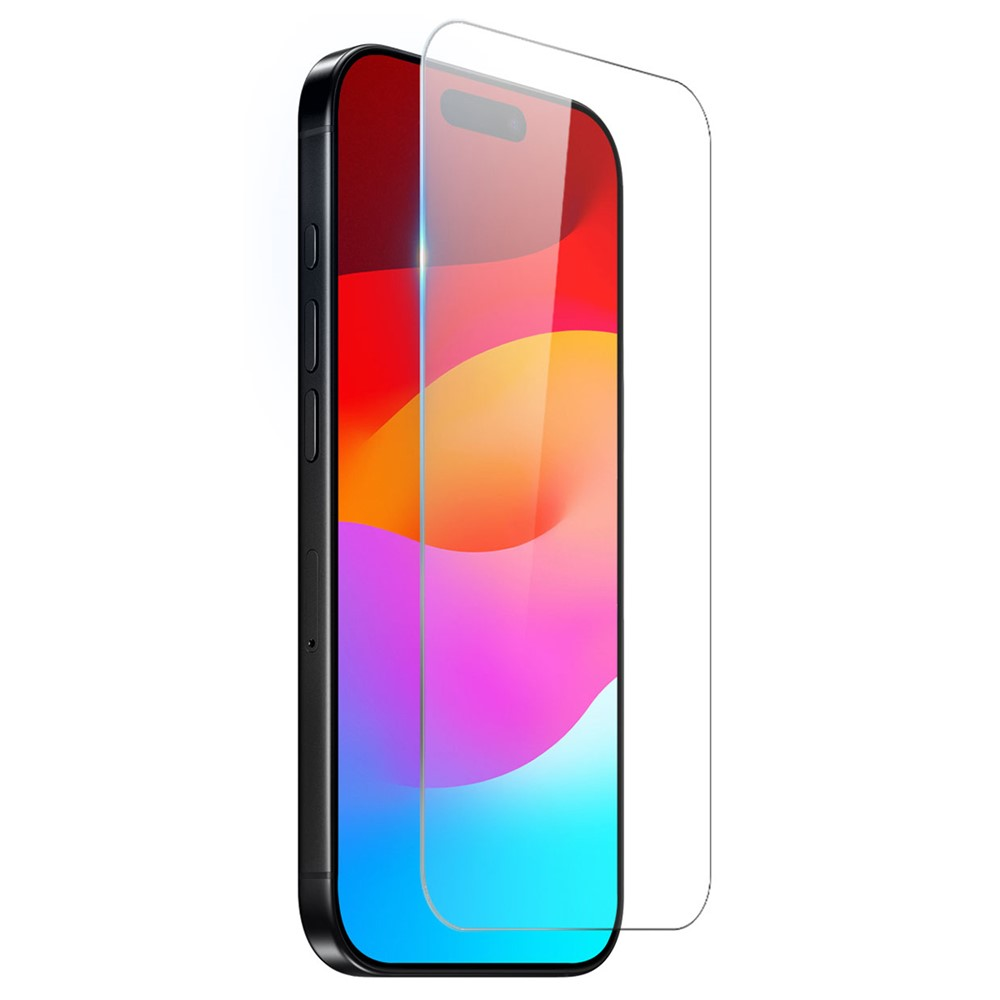 Uno smartphone nero con protettore schermo in vetro che mostra uno sfondo colorato.