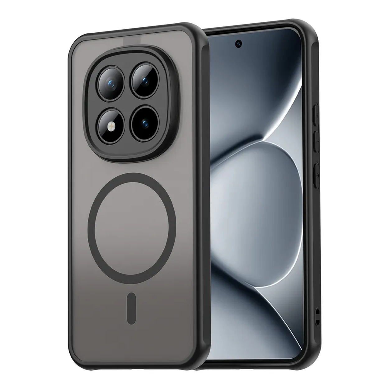Een zwarte telefoon met doorzichtige hoes met vier camera's en een magnetische ring.