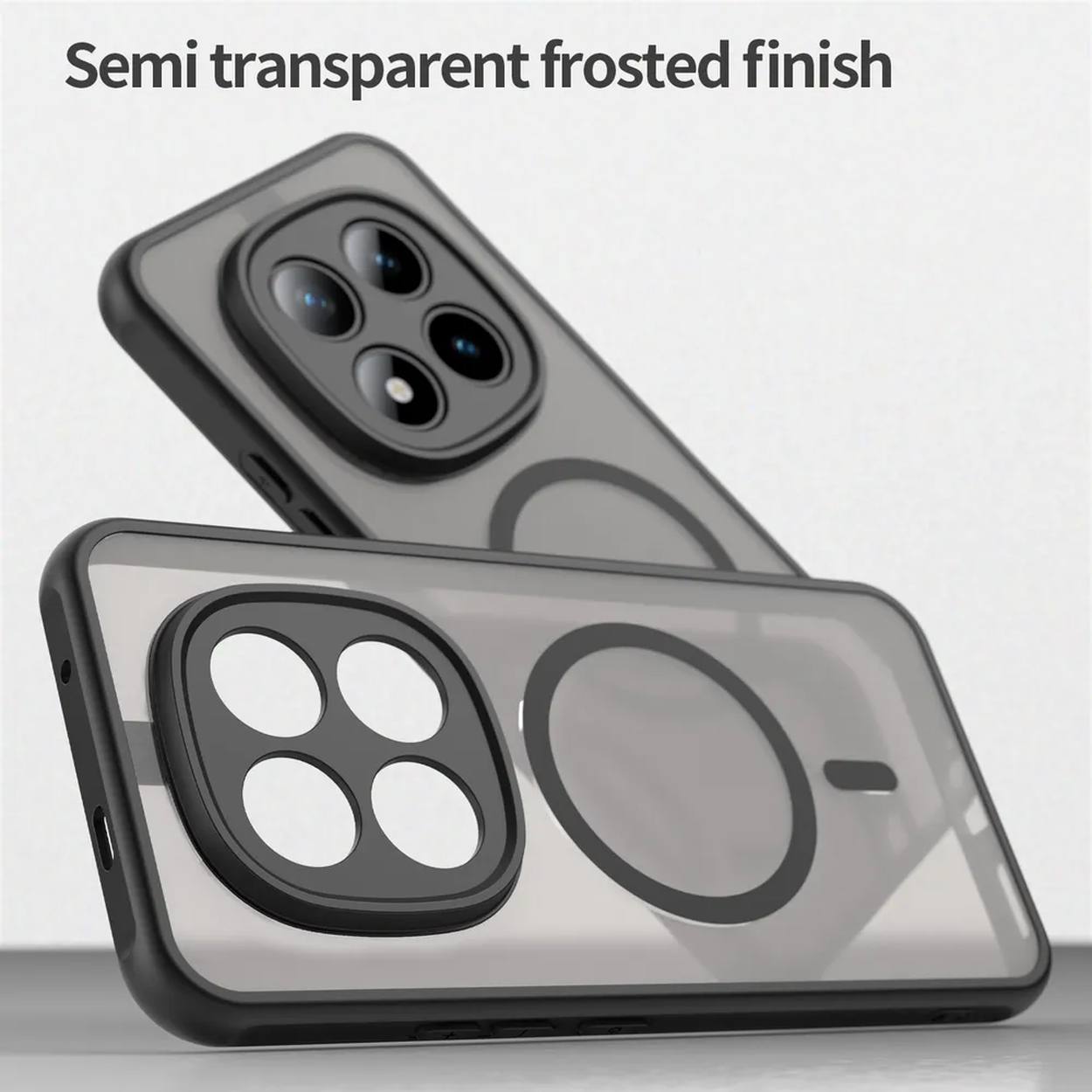Twee rokerige telefoonhoesjes met camerabescherming en magneetring.