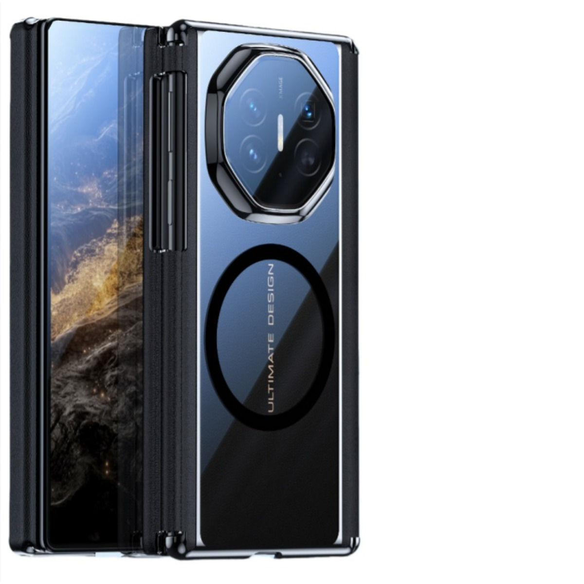 Een opvouwbare smartphone met een opvallende cameramodule en een cirkelvormige magnetische ring.
