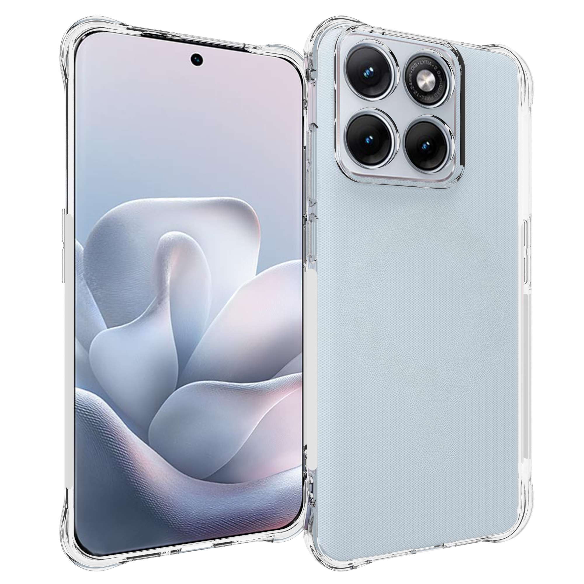 Een doorzichtige telefoonhoes toont een smartphone met vier camera's.