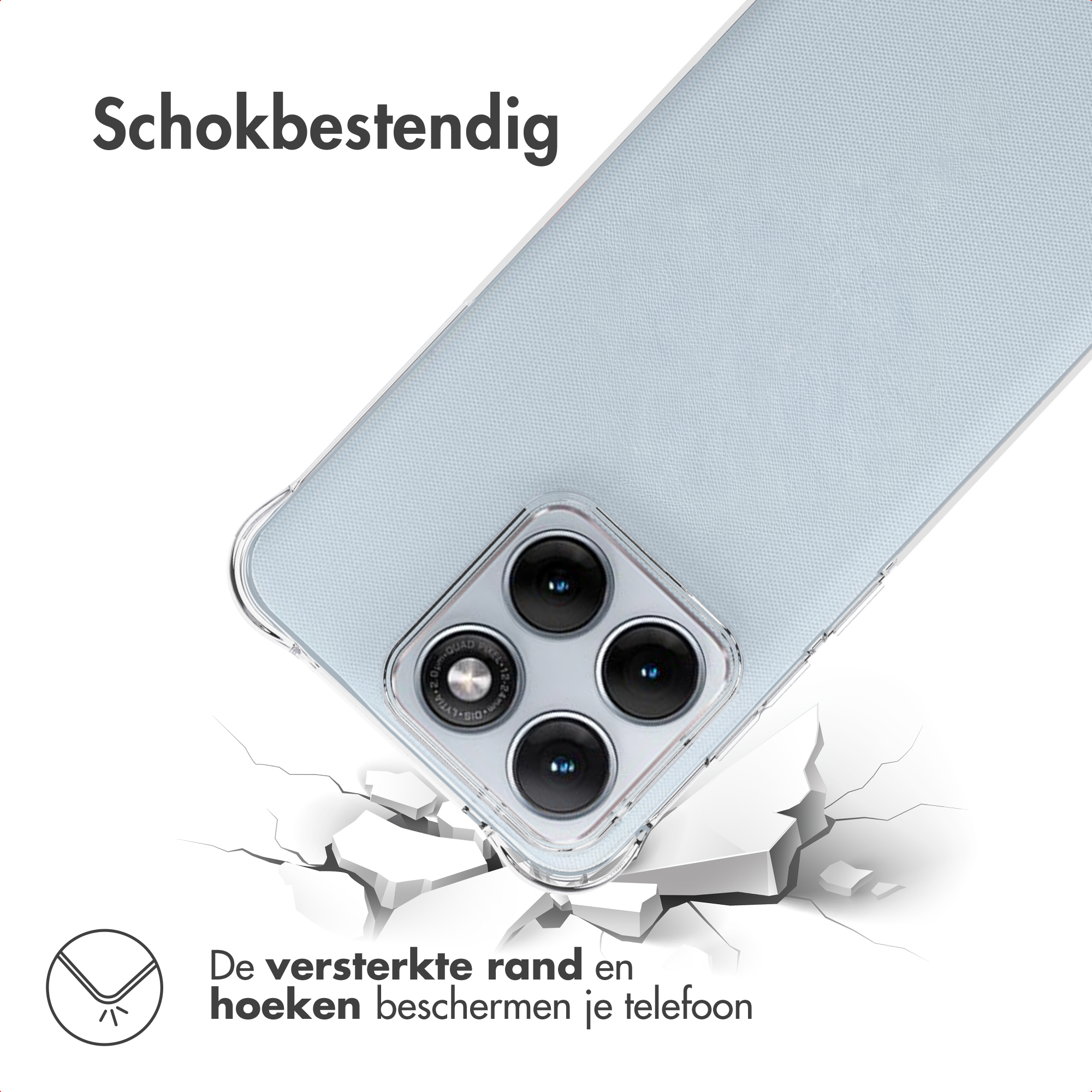 Een doorzichtige telefoonhoes met vier camera's op gebroken grond.