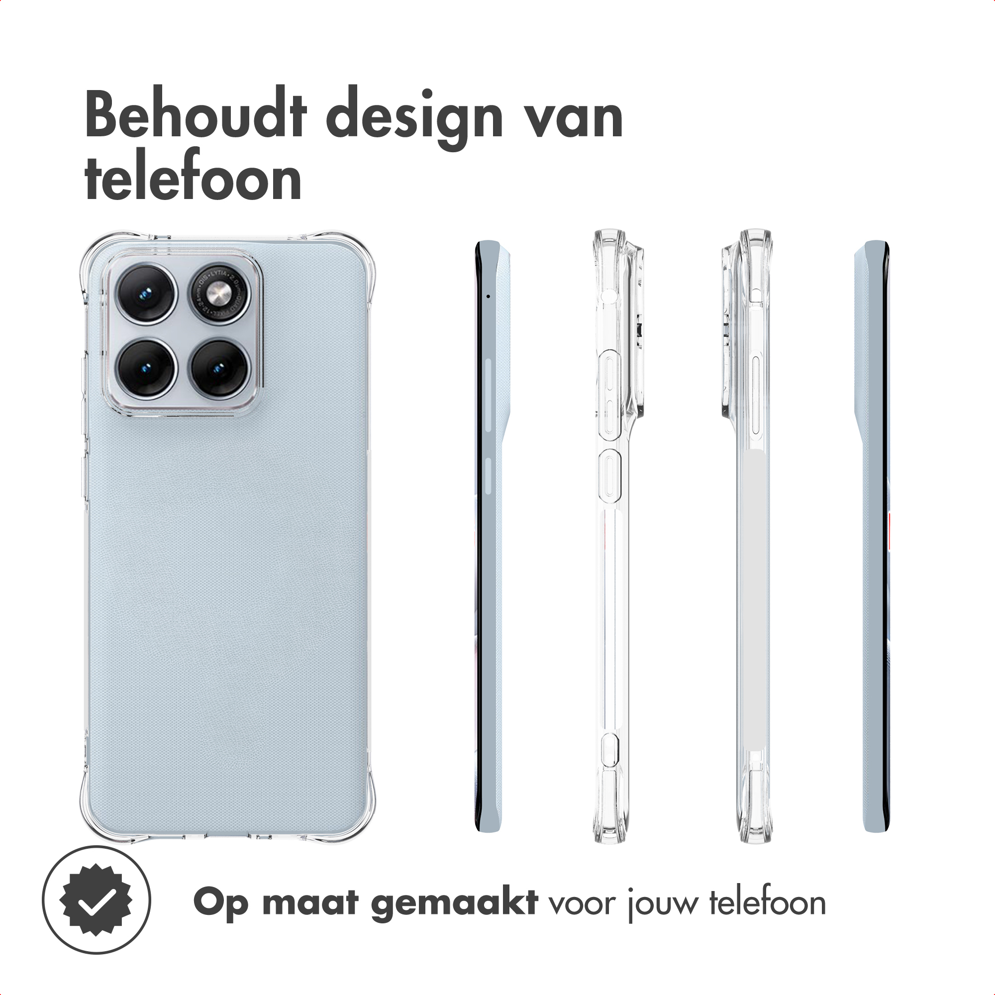 Een lichtblauwe telefoon in een doorzichtige hoes, met drie zijaanzichten.