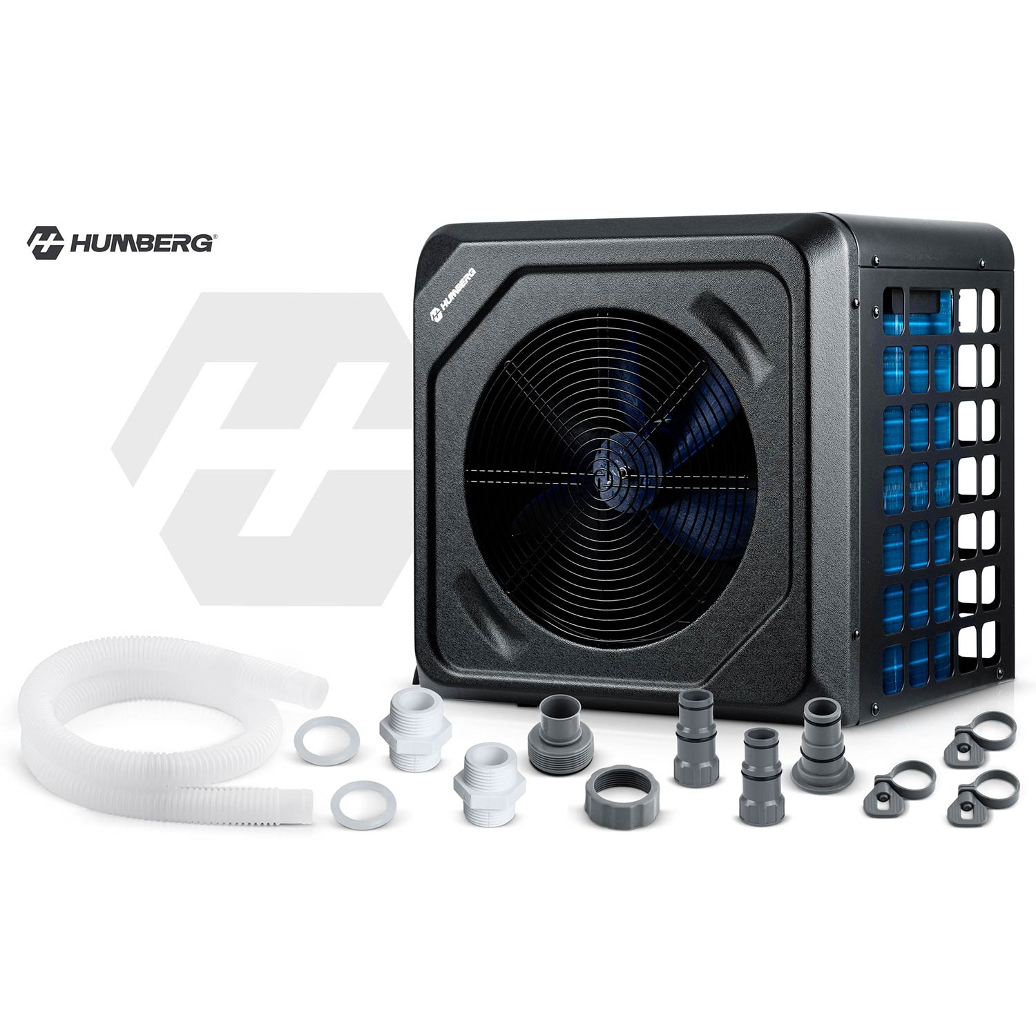 Czarna pompa ciepła z wentylatorem, wężem i różnymi złączkami na białym tle.