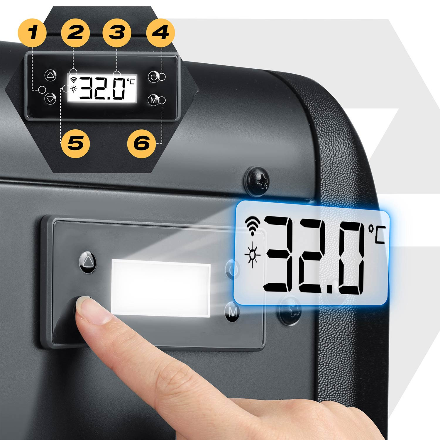 Zbliżenie cyfrowego termometru pokazującego 32,0°C, z przyciskami.