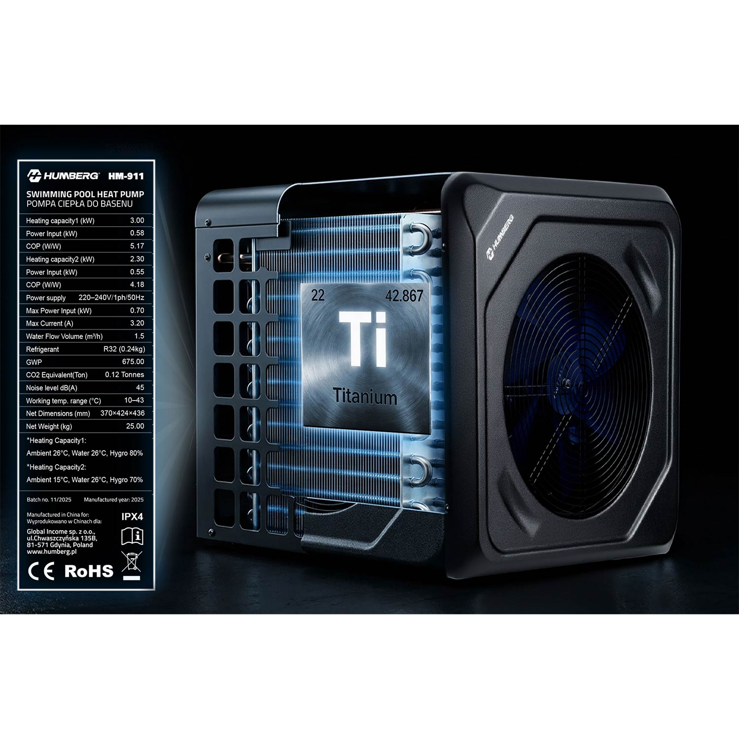 Czarna pompa ciepła do basenu Humberg HM-911 z otwartą obudową i specyfikacją techniczną.