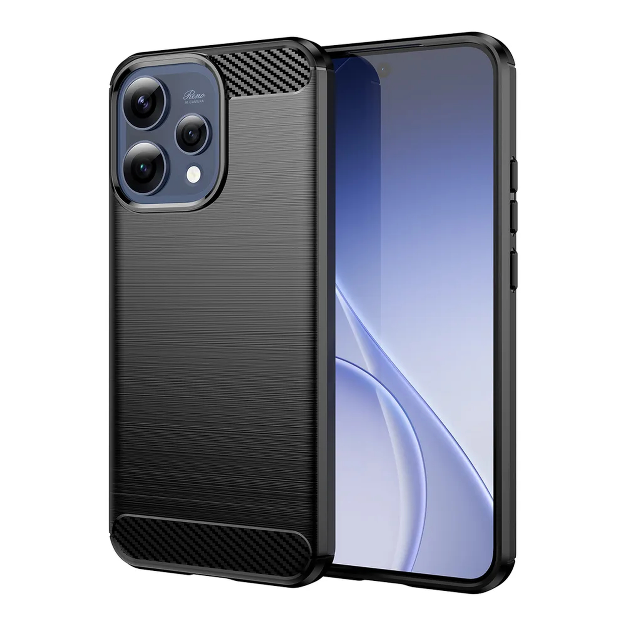 Een zwarte telefoon met getextureerde hoes, met drievoudige camera en scherm.