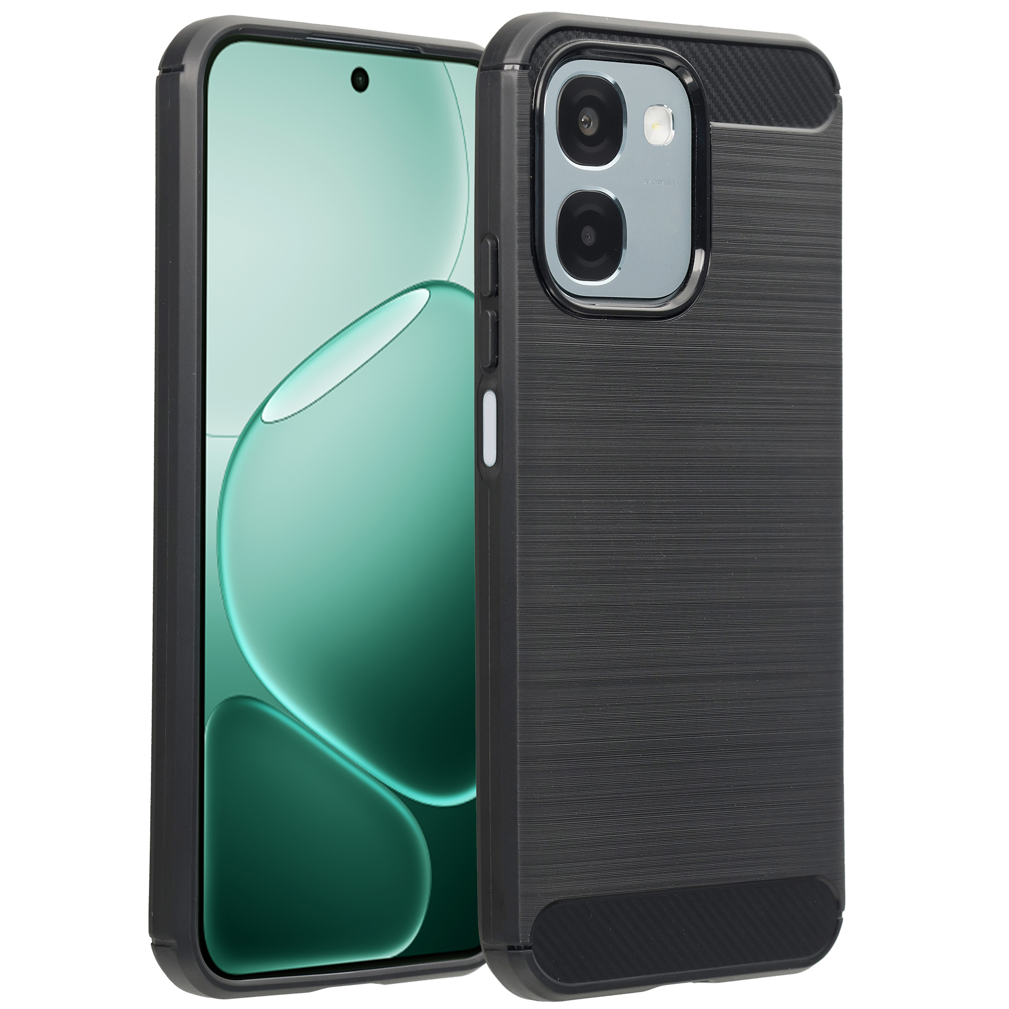 Zwarte telefoonhoes met geborstelde textuur en cameramodule. Een deel van een smartphone is zichtbaar.