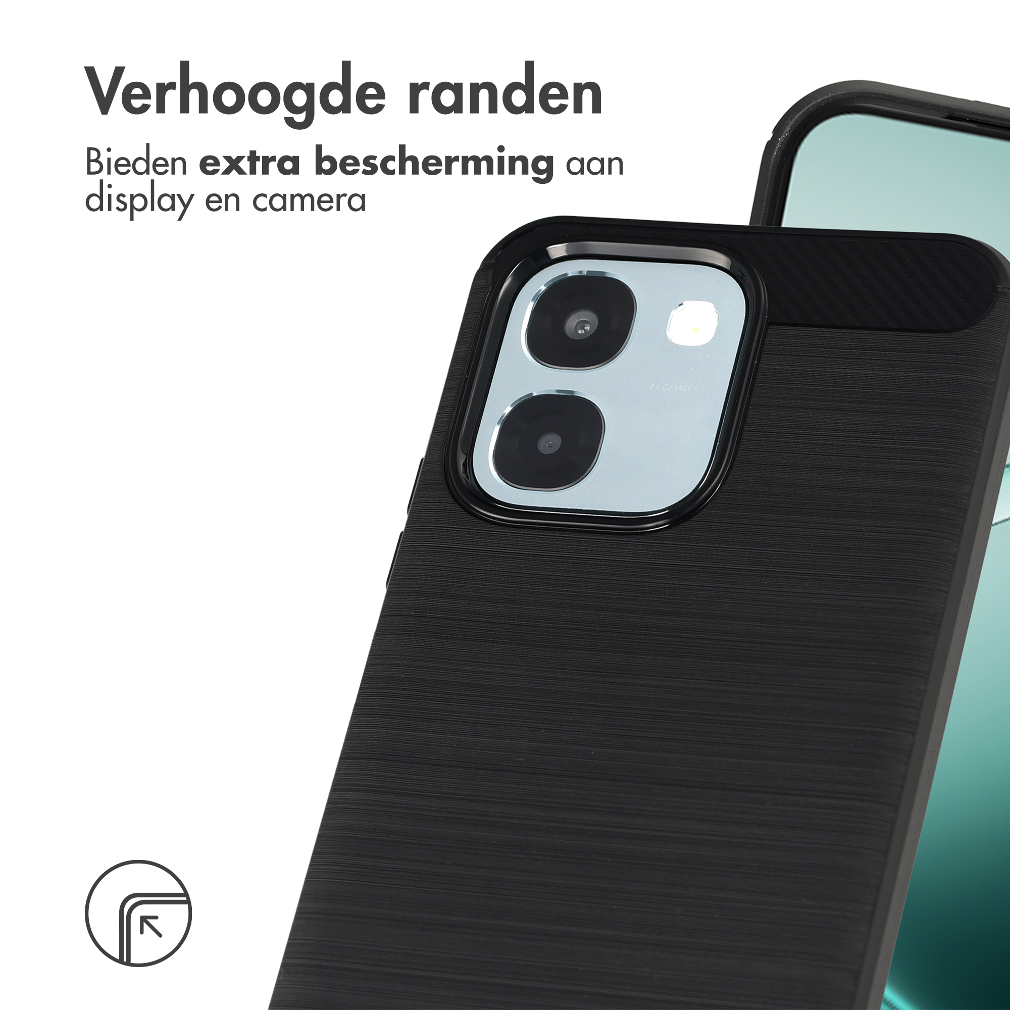 Zwarte telefoonhoes met camera-uitsparing en tekst 'Verhoogde randen'.