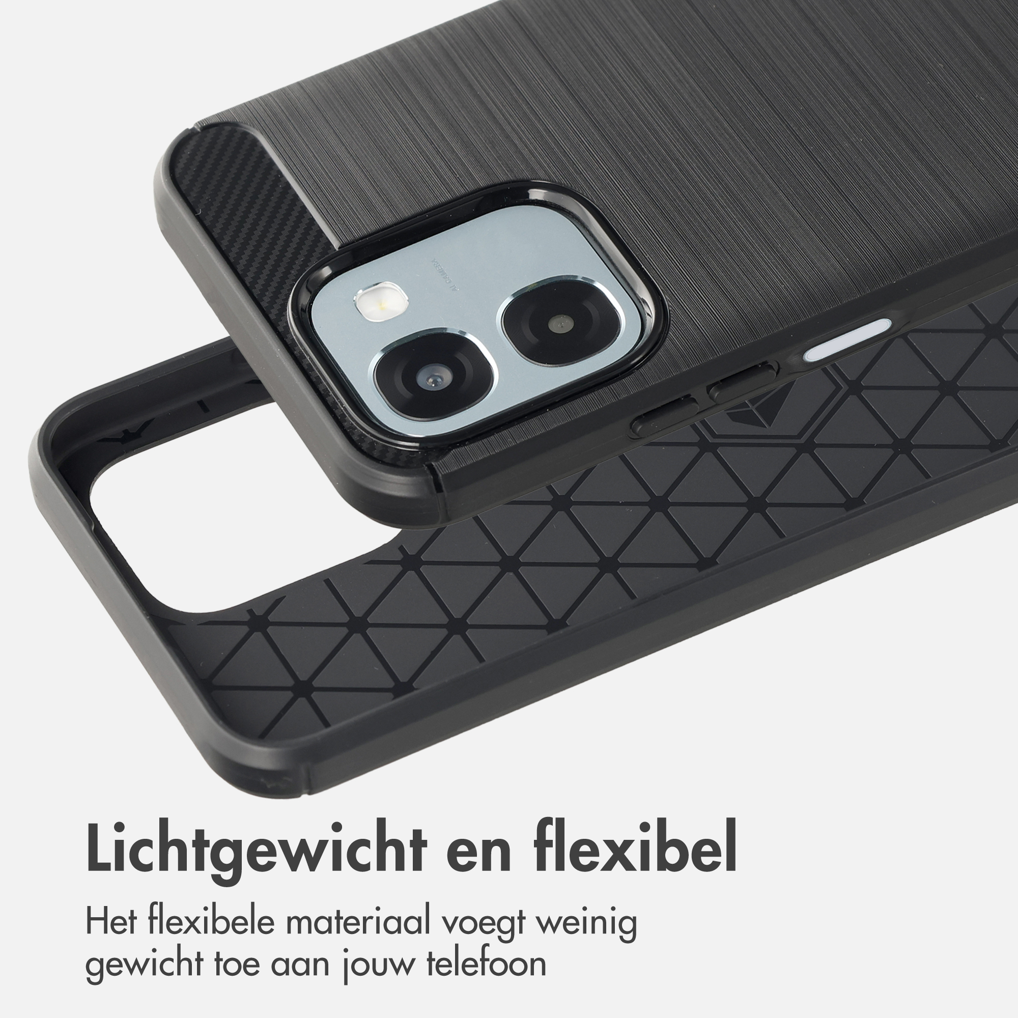 Zwarte telefoonhoes met geborstelde textuur en cameralens.