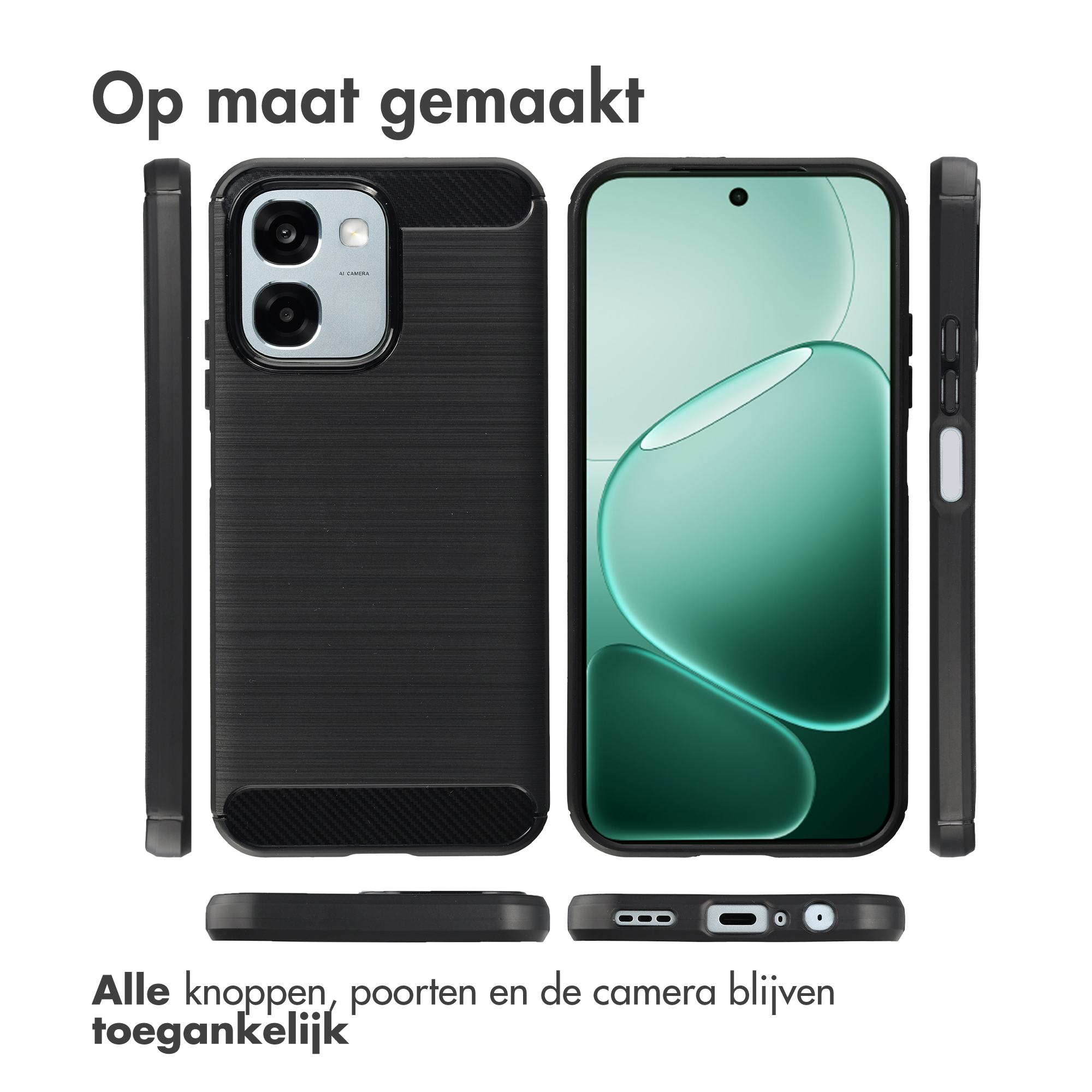 Zwarte telefoonhoes met camera- en schermbescherming.