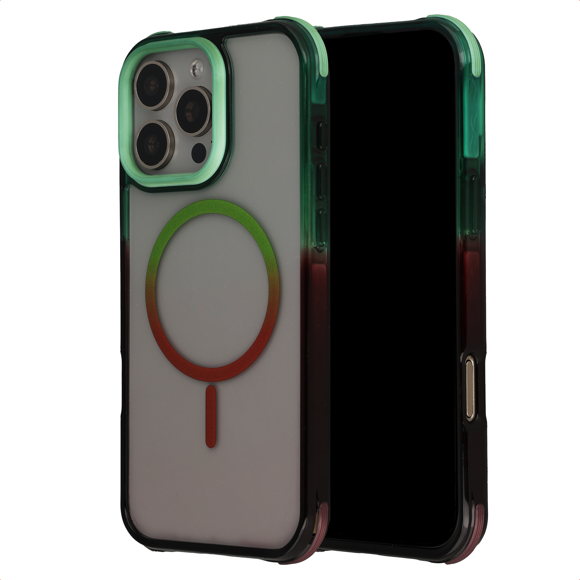 Een doorzichtige telefoonhoes met groene accenten en een verloopdesign.