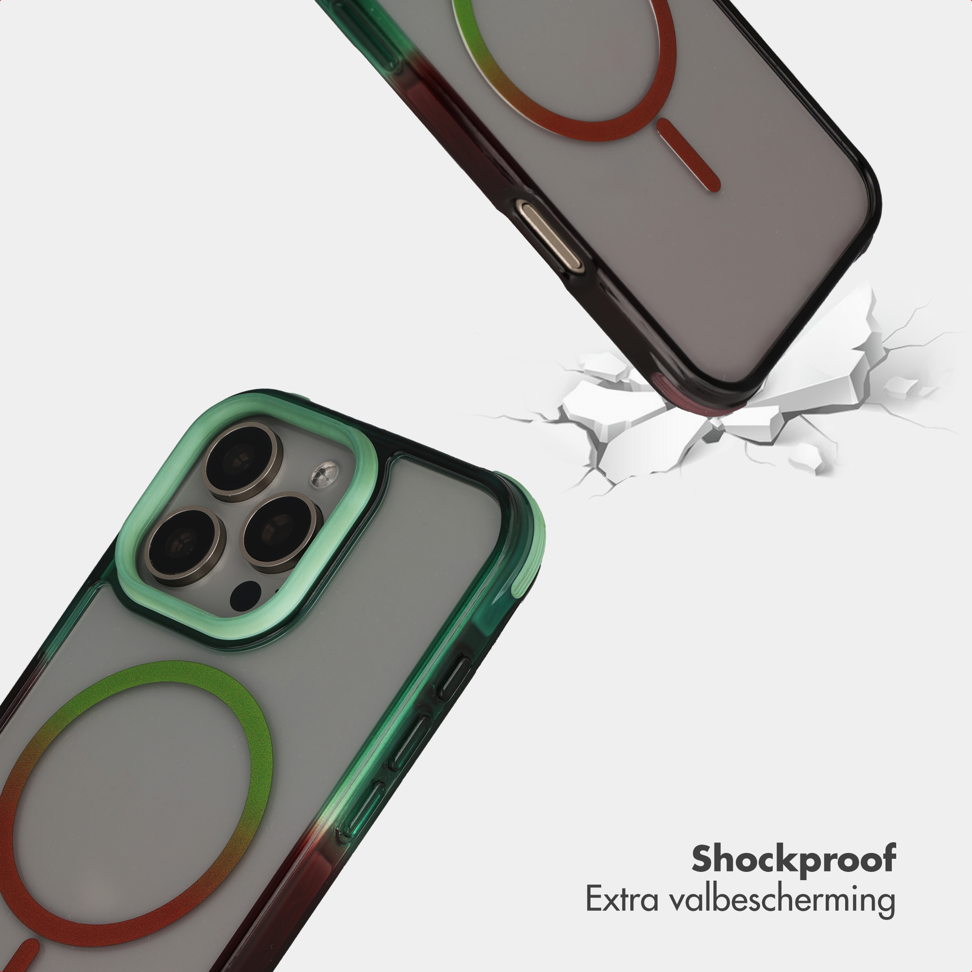 Twee gradient telefoonhoesjes op gebroken grond.