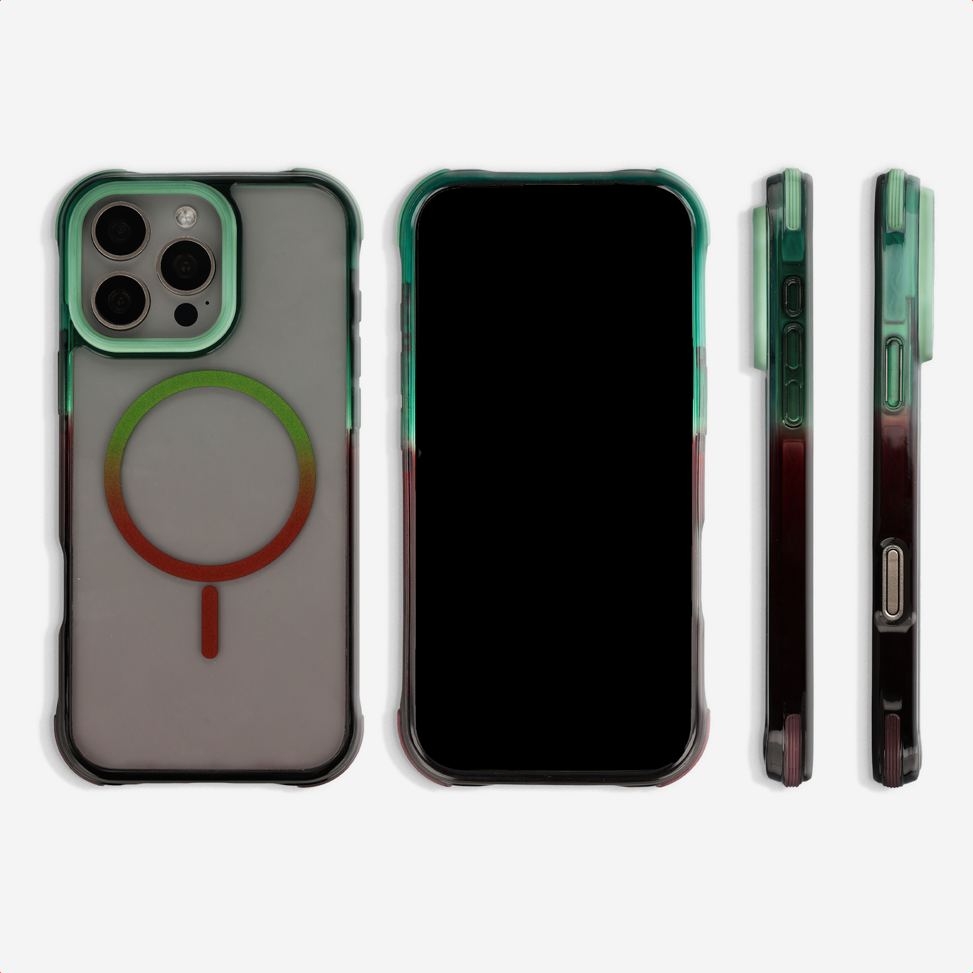iPhone hoesje met camera-uitsparing en groen-rood kleurverloop.