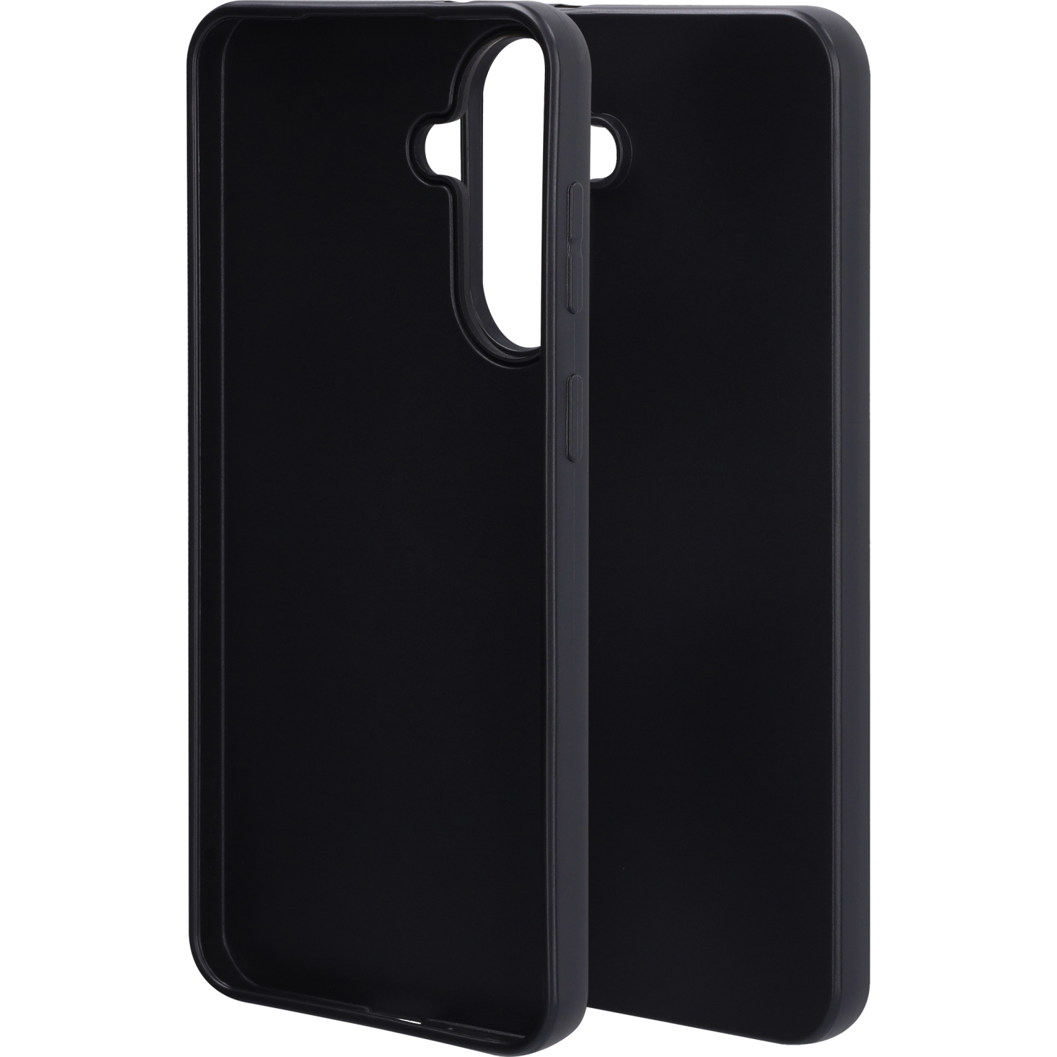 Twee zwarte telefoonhoesjes naast elkaar, één licht naar voren gekanteld.