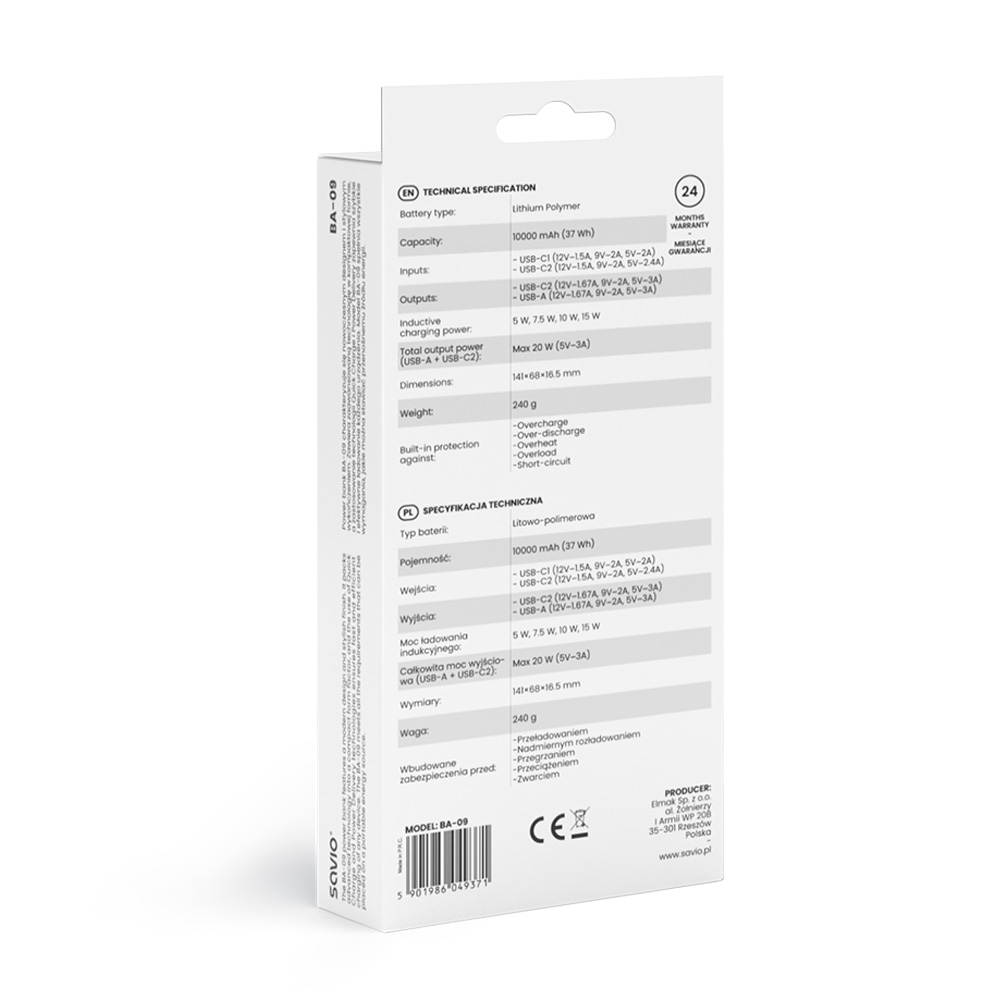 Dane techniczne powerbanku: Pojemność, wejścia, wyjścia, waga, zabezpieczenia.